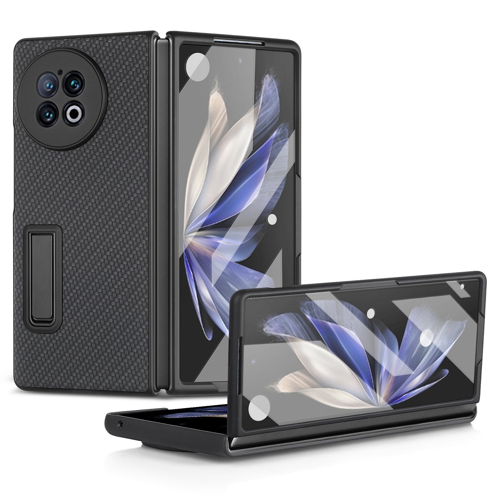 For vivo X Fold2 PU Leather+PC Protective Case Kickstand Carbon Fiber Texture Phone Cover with Tempered Glass Film - Black