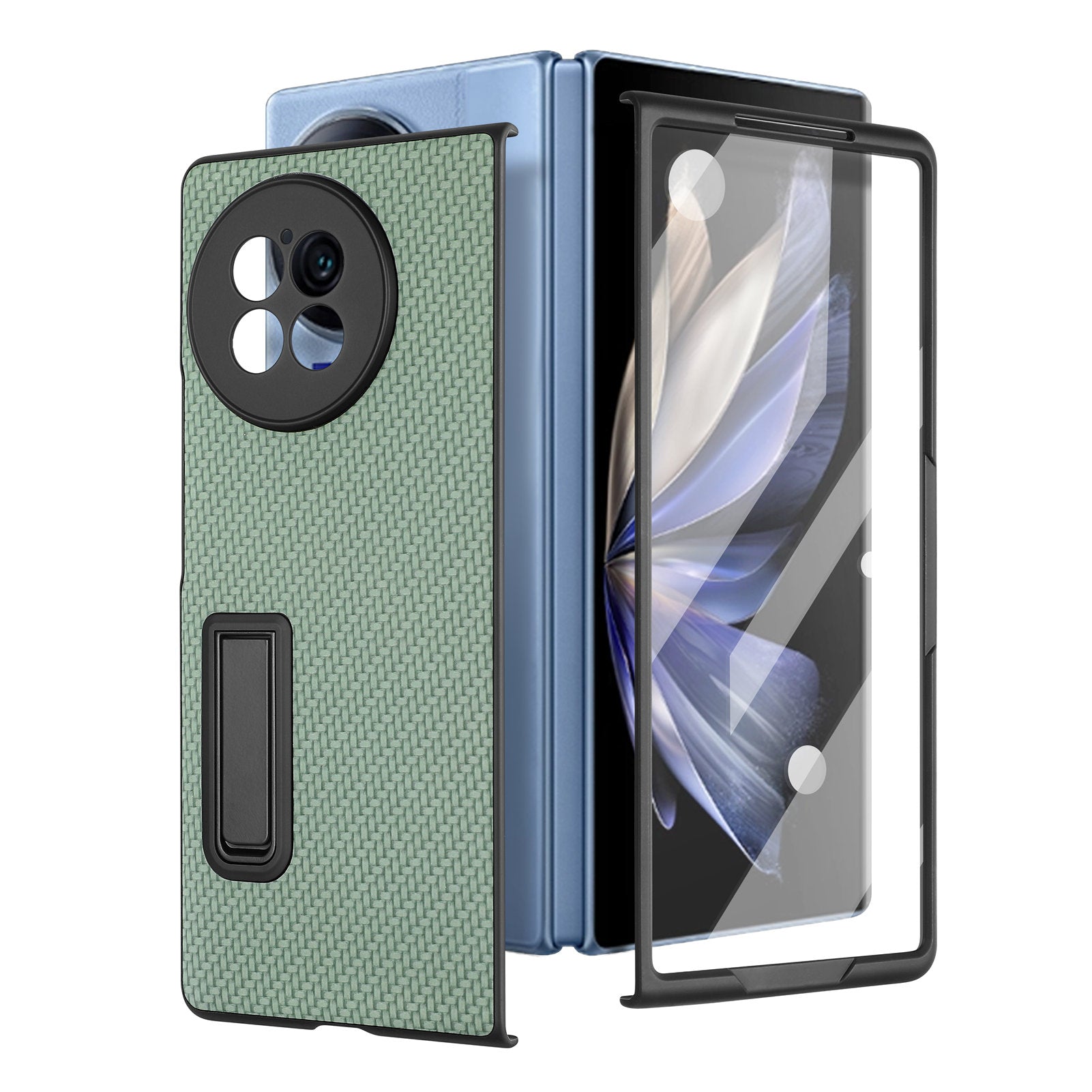 For vivo X Fold2 PU Leather+PC Protective Case Kickstand Carbon Fiber Texture Phone Cover with Tempered Glass Film - Green