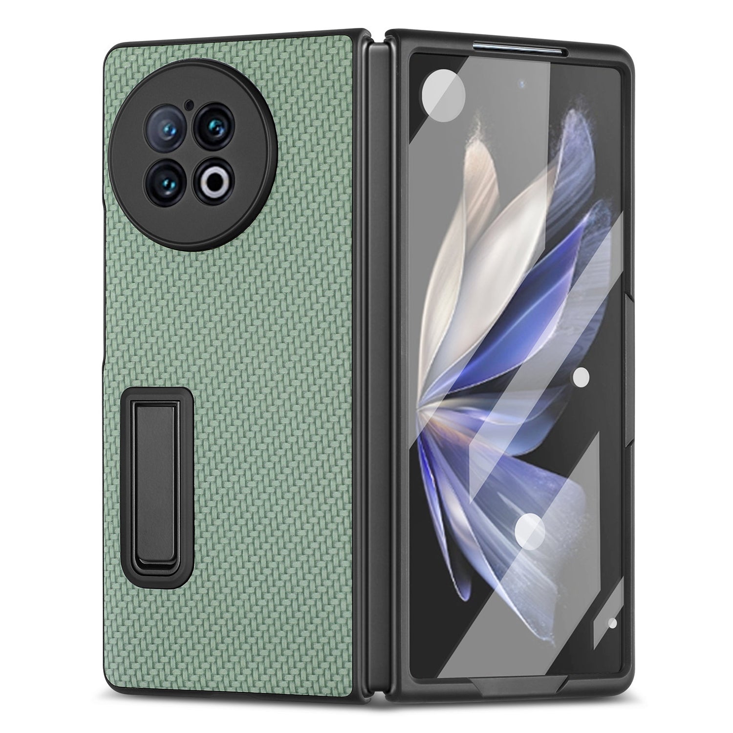 For vivo X Fold2 PU Leather+PC Protective Case Kickstand Carbon Fiber Texture Phone Cover with Tempered Glass Film - Green