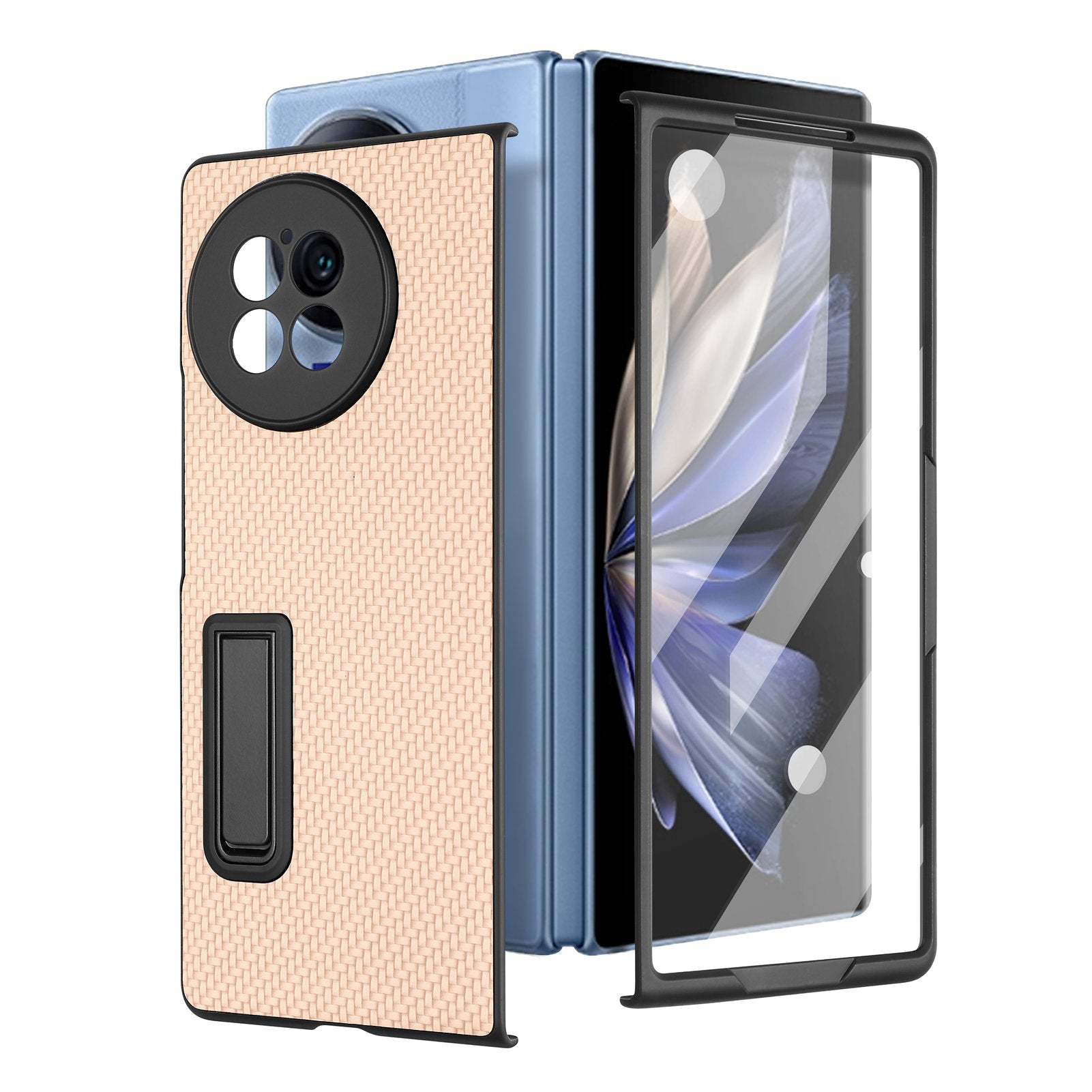 For vivo X Fold2 PU Leather+PC Protective Case Kickstand Carbon Fiber Texture Phone Cover with Tempered Glass Film - Khaki
