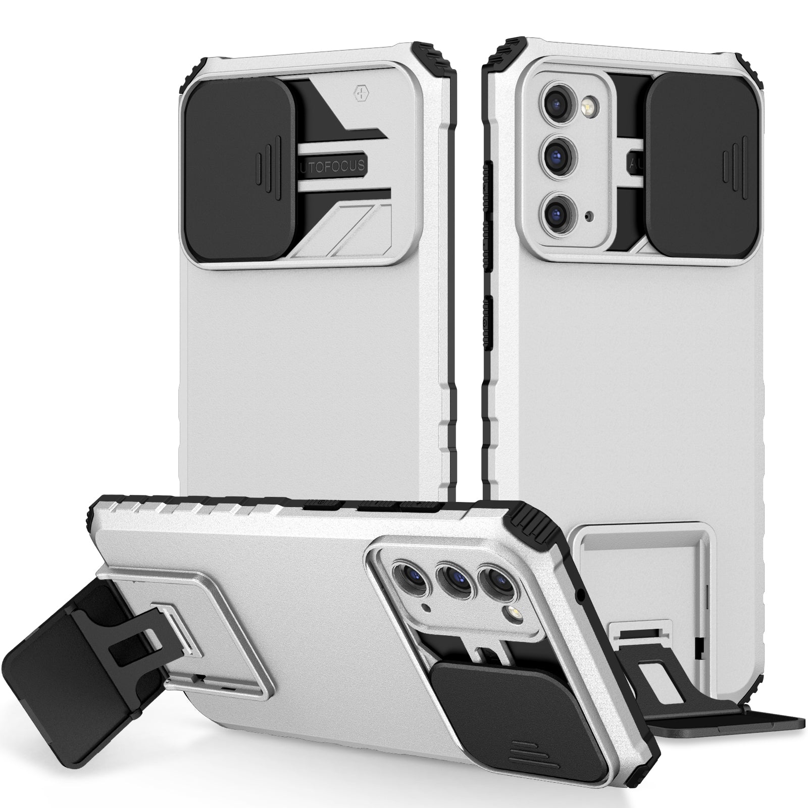 For Samsung Galaxy S20 FE 4G / FE 5G / Lite / FE 2022 Slide Camera Lid Back Cover Kickstand PC+TPU Phone Case - White