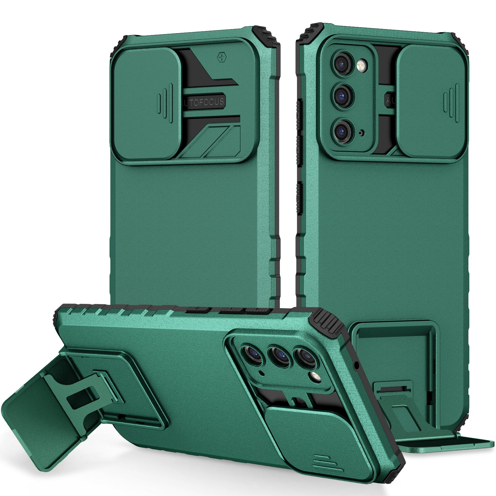 For Samsung Galaxy S20 FE 4G / FE 5G / Lite / FE 2022 Slide Camera Lid Back Cover Kickstand PC+TPU Phone Case - Blackish Green