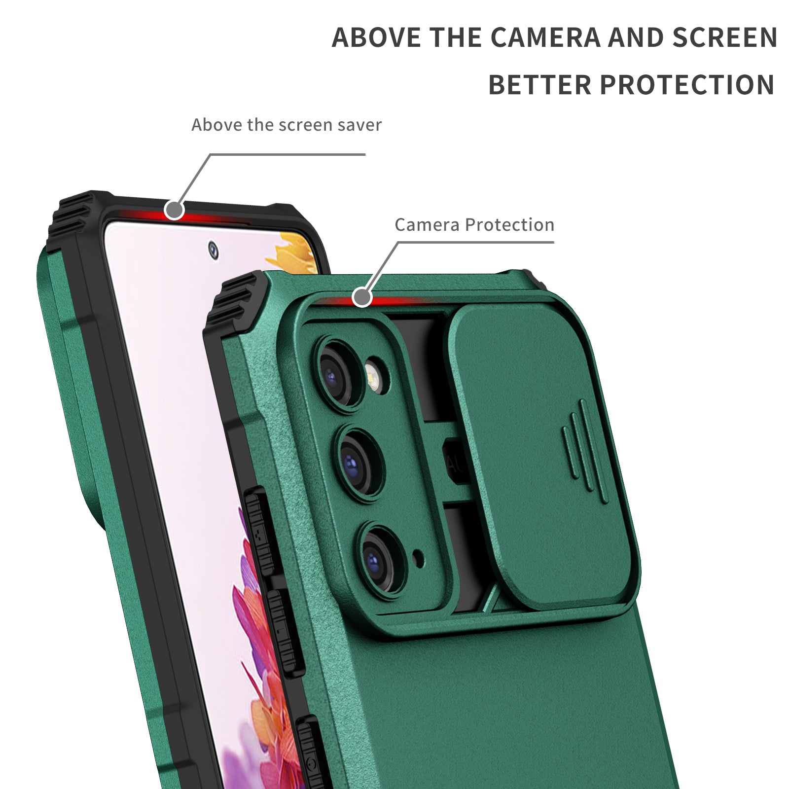 For Samsung Galaxy S20 FE 4G / FE 5G / Lite / FE 2022 Slide Camera Lid Back Cover Kickstand PC+TPU Phone Case - Blackish Green