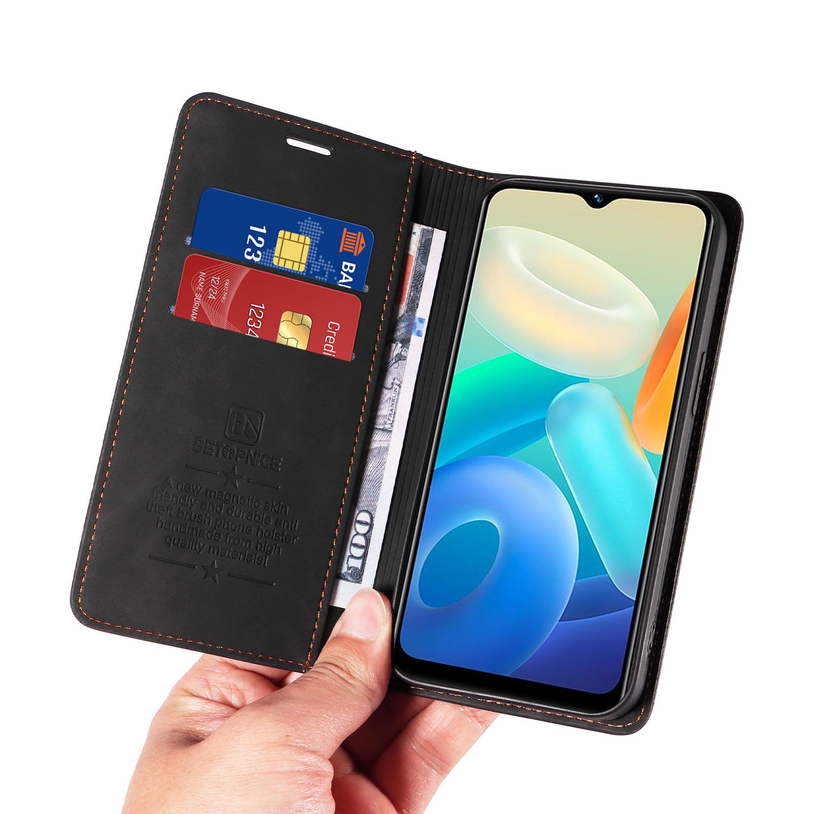 BETOPNICE 003 For vivo Y02s 4G / Y16 4G / Y35 5G / Y56 5G Phone Cover RFID Blocking Wallet Leather Stand Wallet Case - Black