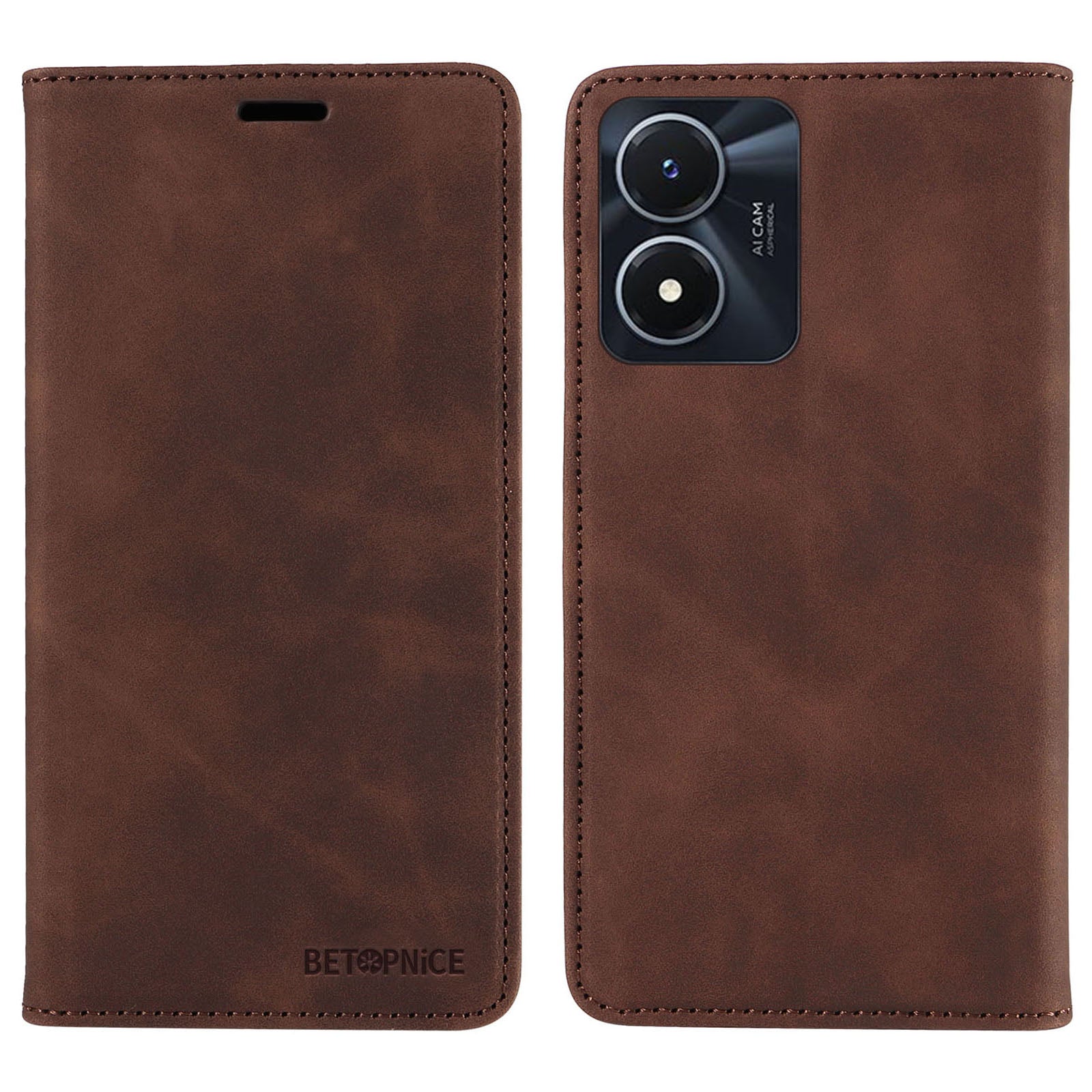 BETOPNICE 003 For vivo Y02s 4G / Y16 4G / Y35 5G / Y56 5G Phone Cover RFID Blocking Wallet Leather Stand Wallet Case - Brown