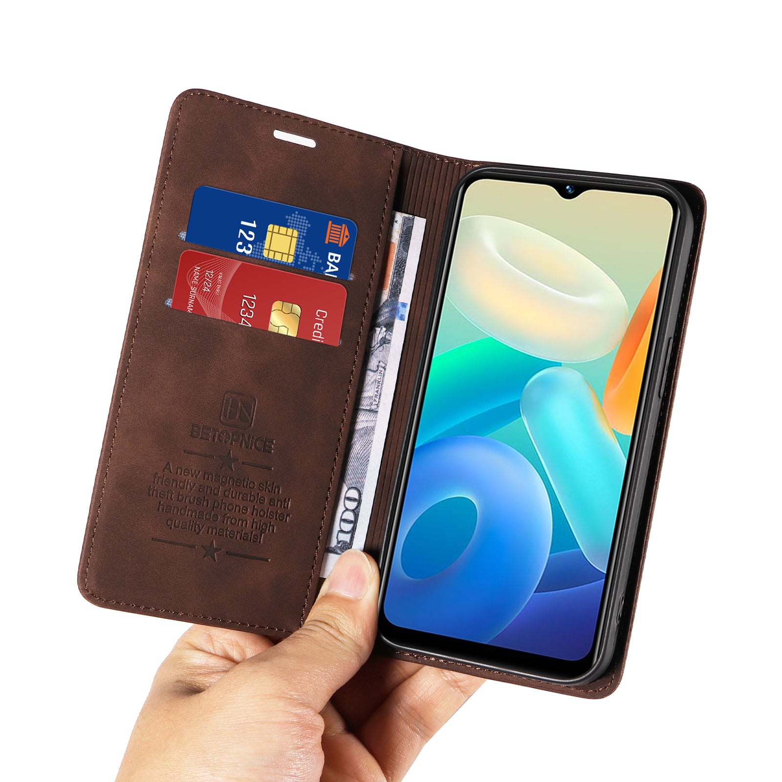 BETOPNICE 003 For vivo Y02s 4G / Y16 4G / Y35 5G / Y56 5G Phone Cover RFID Blocking Wallet Leather Stand Wallet Case - Brown