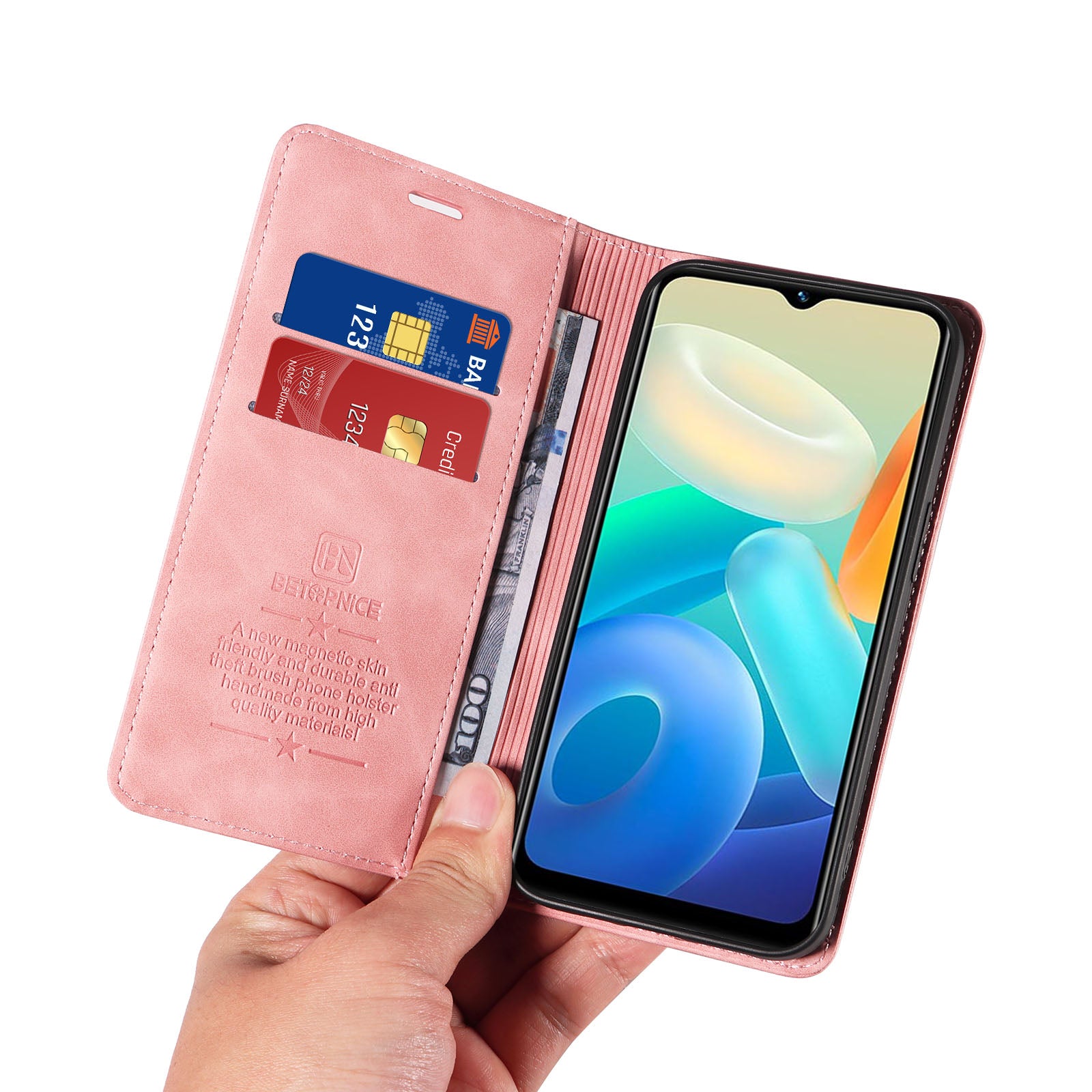 BETOPNICE 003 For vivo Y02s 4G / Y16 4G / Y35 5G / Y56 5G Phone Cover RFID Blocking Wallet Leather Stand Wallet Case - Pink