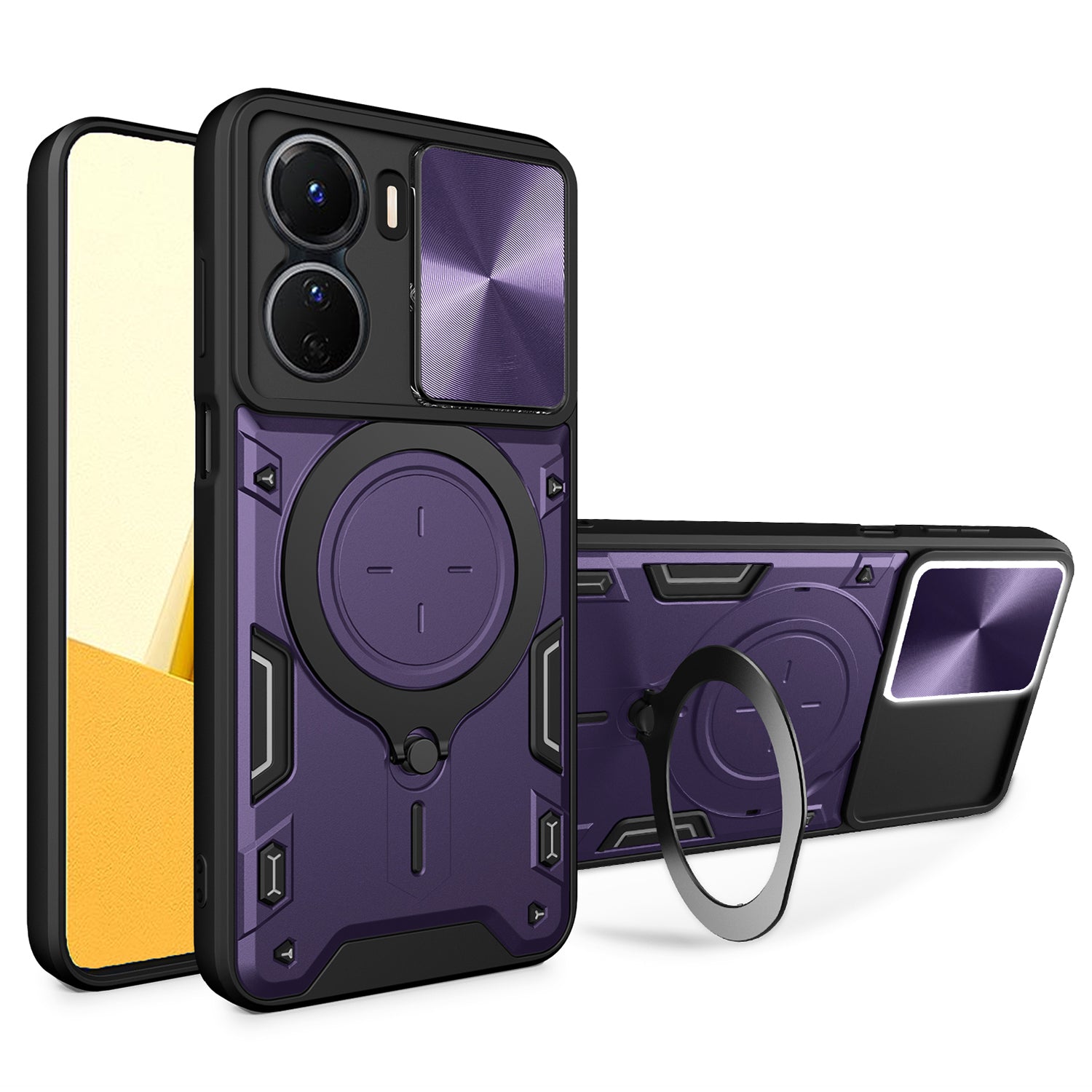 For vivo Y16 4G Slide Camera Protection Phone Cover Hybrid PC+TPU Kickstand Phone Case - Purple