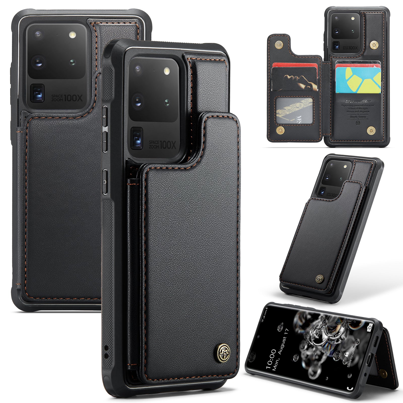 CASEME C22 Series For Samsung Galaxy S20 Ultra RFID Blocking Card Holder Case PU+TPU Kickstand Phone Cover - Black