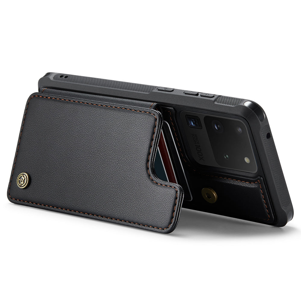 CASEME C22 Series For Samsung Galaxy S20 Ultra RFID Blocking Card Holder Case PU+TPU Kickstand Phone Cover - Black