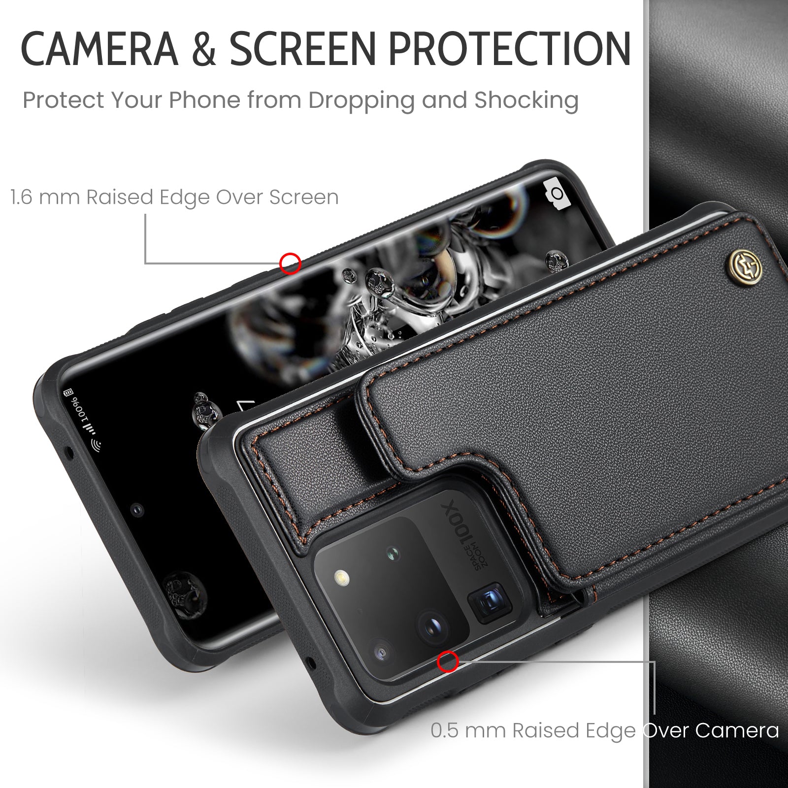 CASEME C22 Series For Samsung Galaxy S20 Ultra RFID Blocking Card Holder Case PU+TPU Kickstand Phone Cover - Black