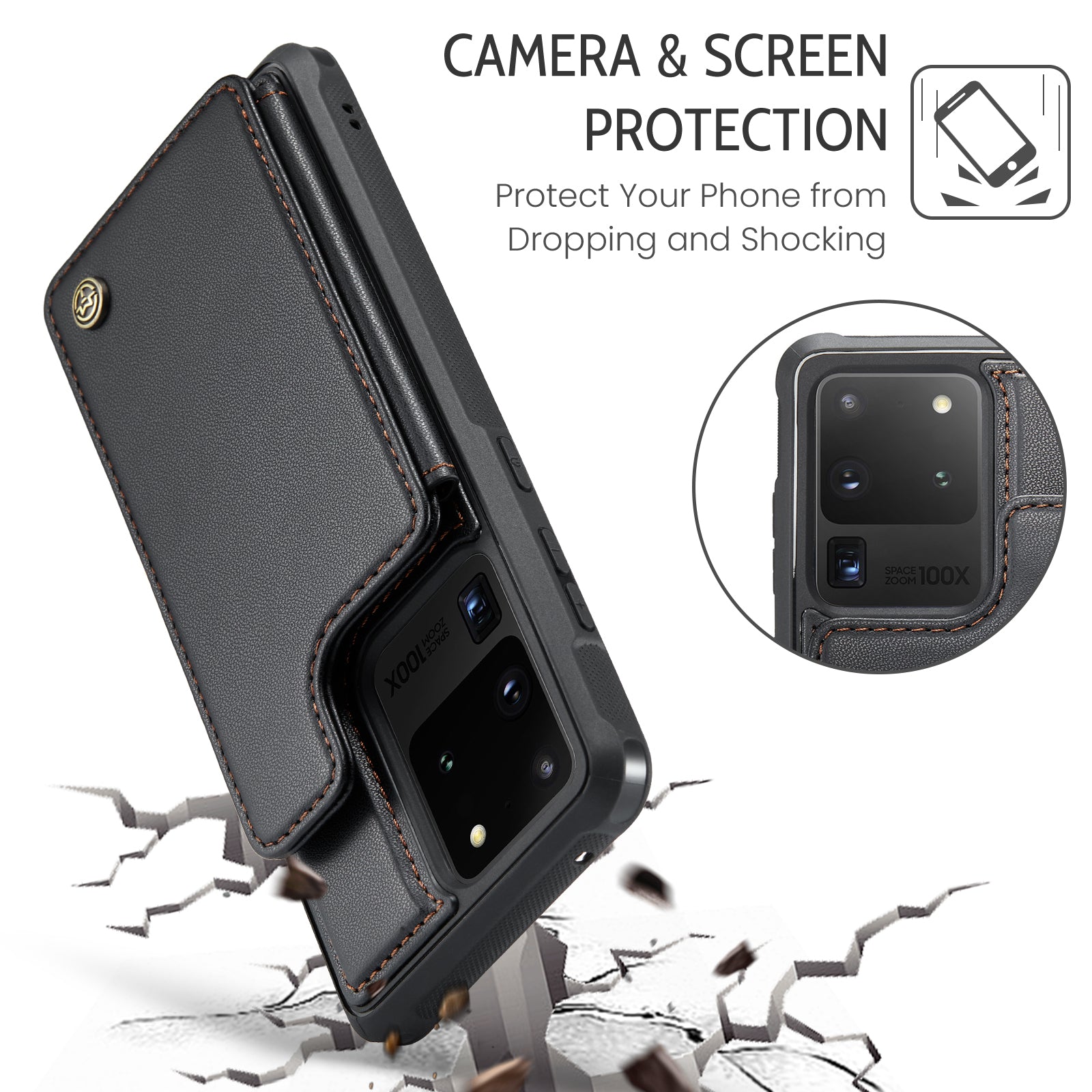 CASEME C22 Series For Samsung Galaxy S20 Ultra RFID Blocking Card Holder Case PU+TPU Kickstand Phone Cover - Black