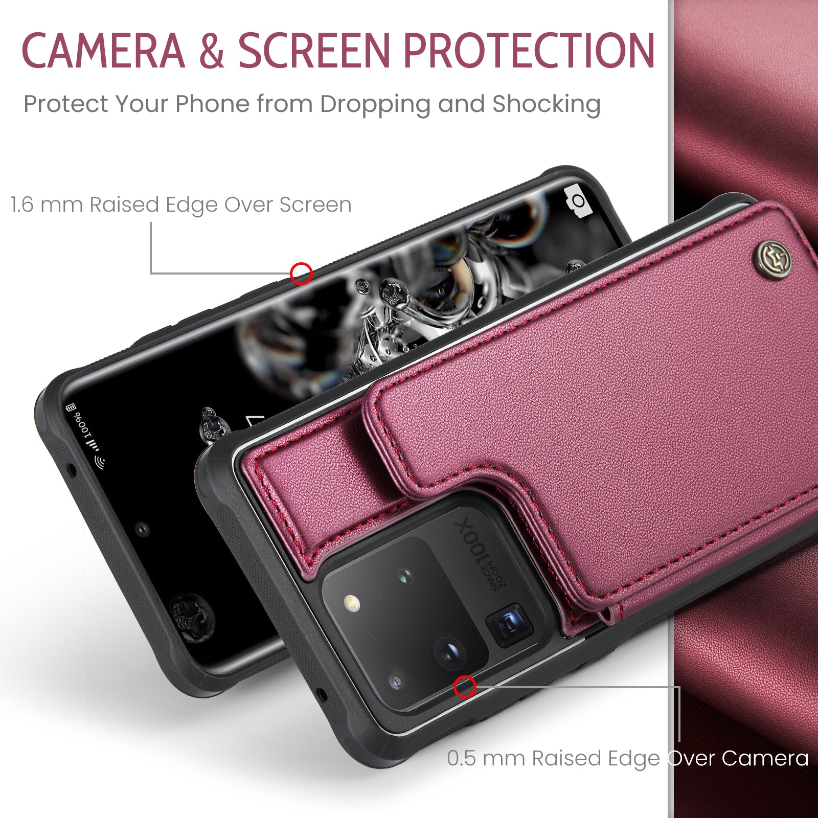 CASEME C22 Series For Samsung Galaxy S20 Ultra RFID Blocking Card Holder Case PU+TPU Kickstand Phone Cover - Red