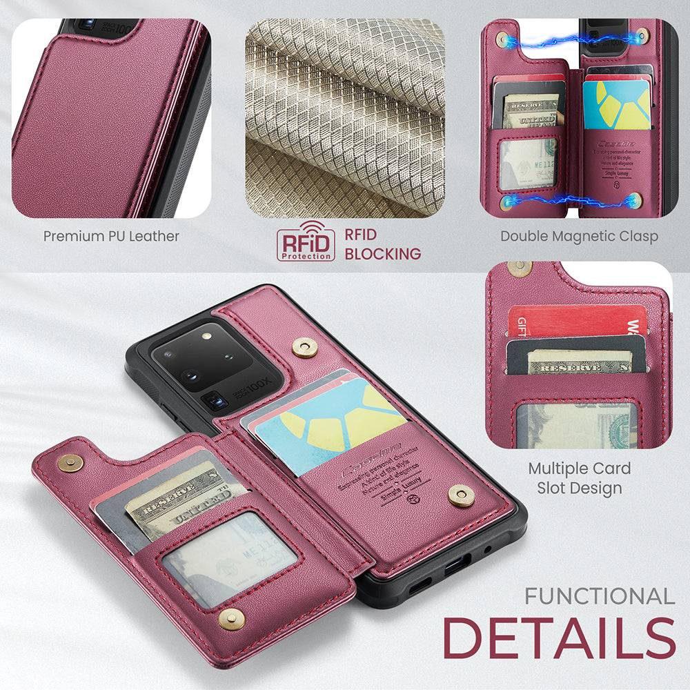 CASEME C22 Series For Samsung Galaxy S20 Ultra RFID Blocking Card Holder Case PU+TPU Kickstand Phone Cover - Red