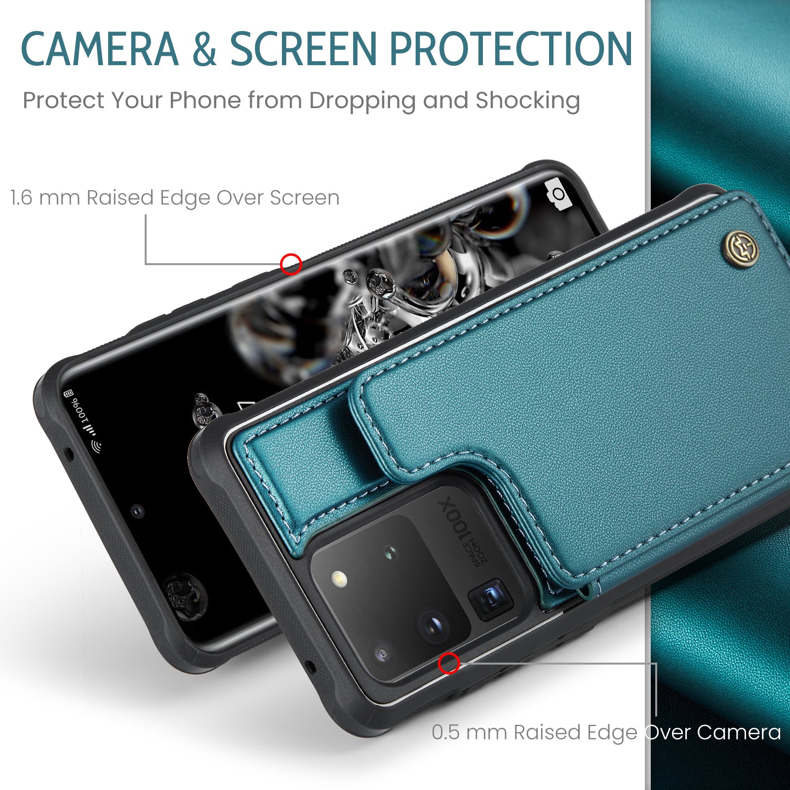 CASEME C22 Series For Samsung Galaxy S20 Ultra RFID Blocking Card Holder Case PU+TPU Kickstand Phone Cover - Green