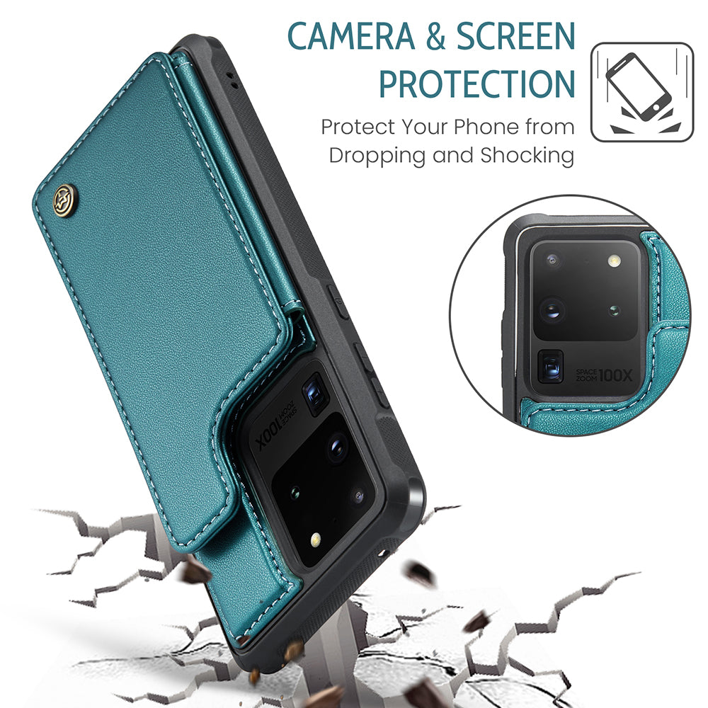 CASEME C22 Series For Samsung Galaxy S20 Ultra RFID Blocking Card Holder Case PU+TPU Kickstand Phone Cover - Green