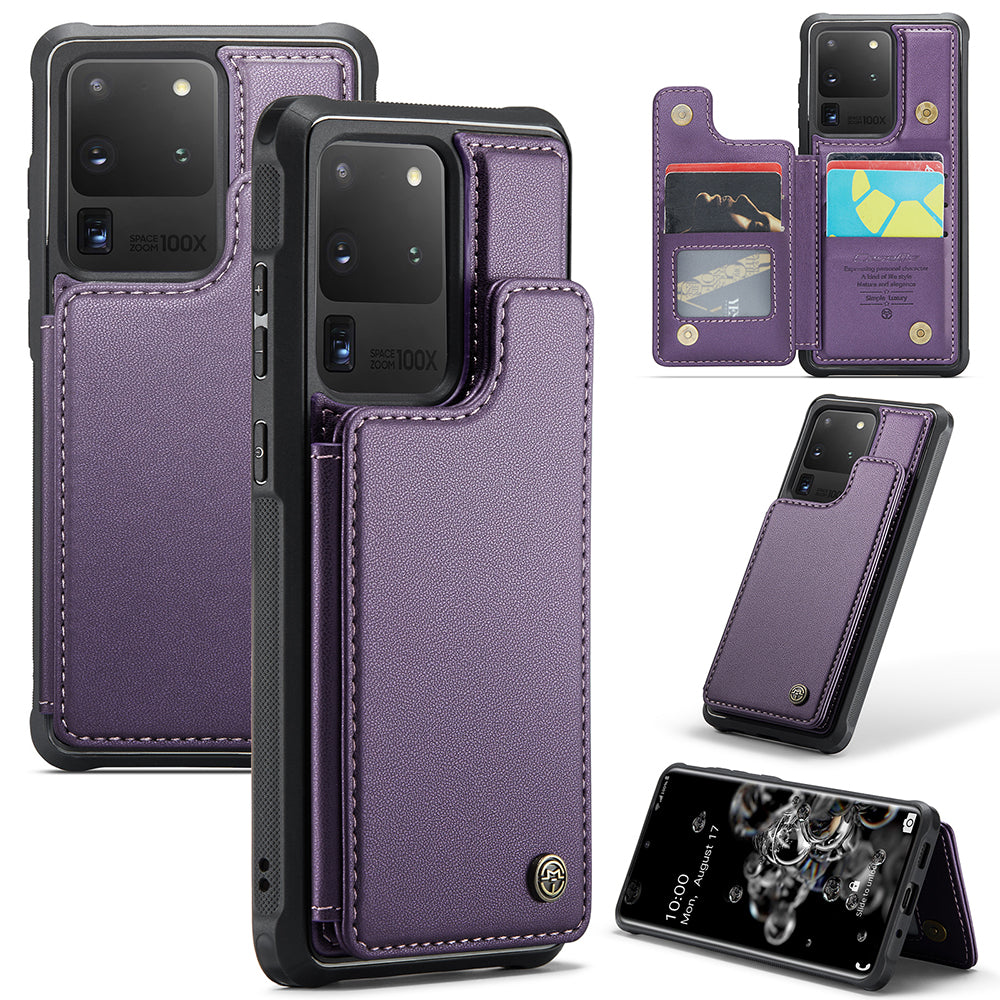 CASEME C22 Series For Samsung Galaxy S20 Ultra RFID Blocking Card Holder Case PU+TPU Kickstand Phone Cover - Purple