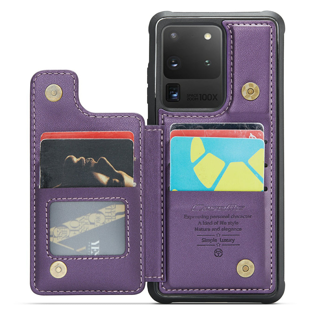 CASEME C22 Series For Samsung Galaxy S20 Ultra RFID Blocking Card Holder Case PU+TPU Kickstand Phone Cover - Purple