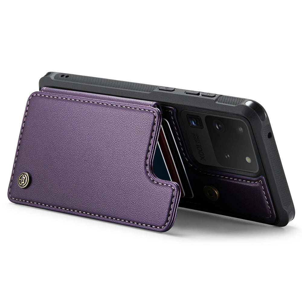 CASEME C22 Series For Samsung Galaxy S20 Ultra RFID Blocking Card Holder Case PU+TPU Kickstand Phone Cover - Purple