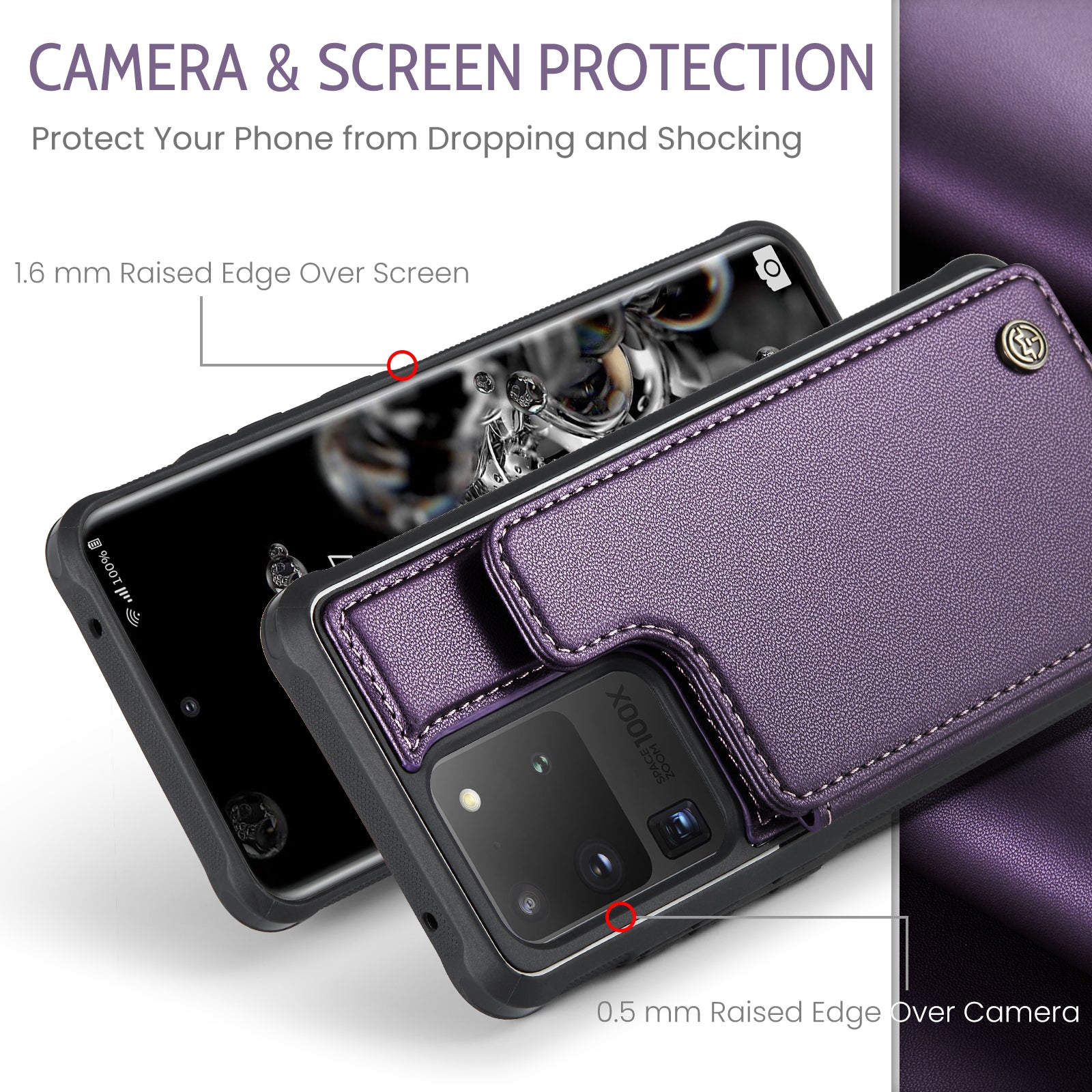 CASEME C22 Series For Samsung Galaxy S20 Ultra RFID Blocking Card Holder Case PU+TPU Kickstand Phone Cover - Purple