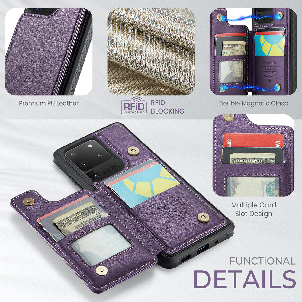 CASEME C22 Series For Samsung Galaxy S20 Ultra RFID Blocking Card Holder Case PU+TPU Kickstand Phone Cover - Purple