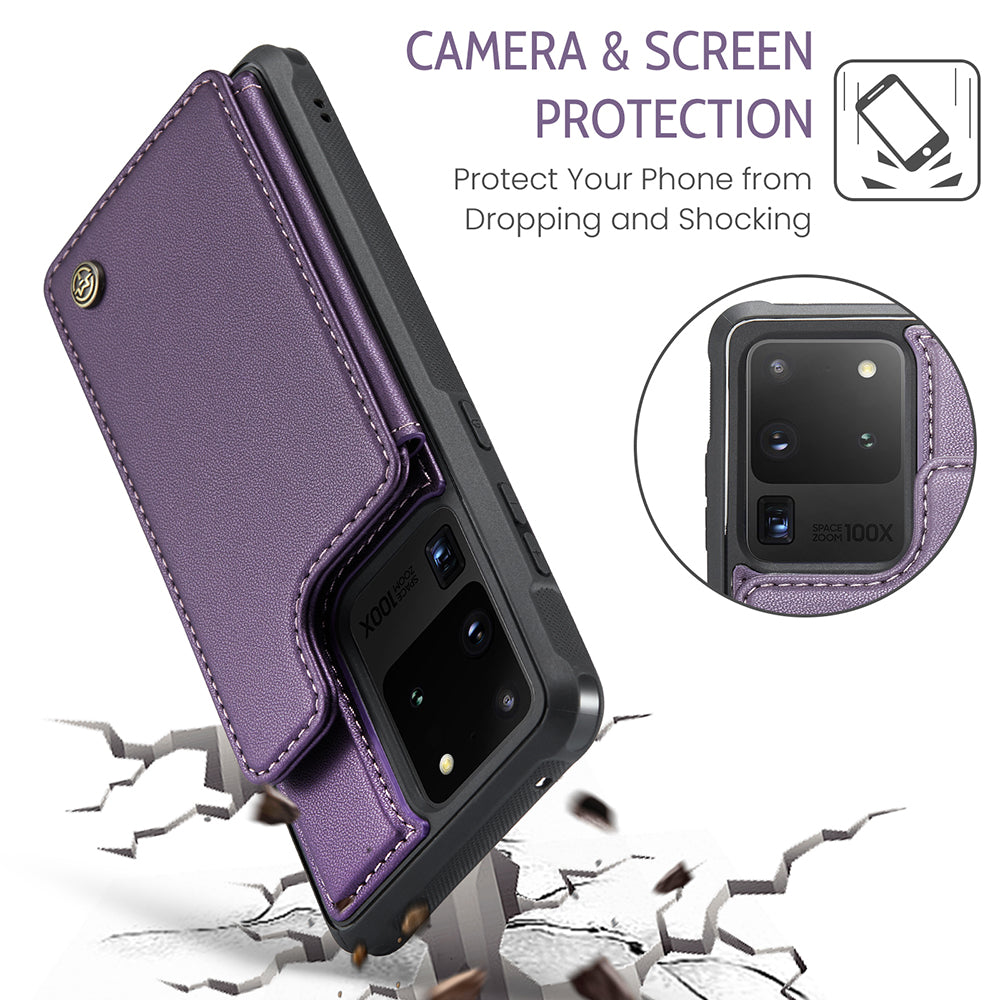 CASEME C22 Series For Samsung Galaxy S20 Ultra RFID Blocking Card Holder Case PU+TPU Kickstand Phone Cover - Purple