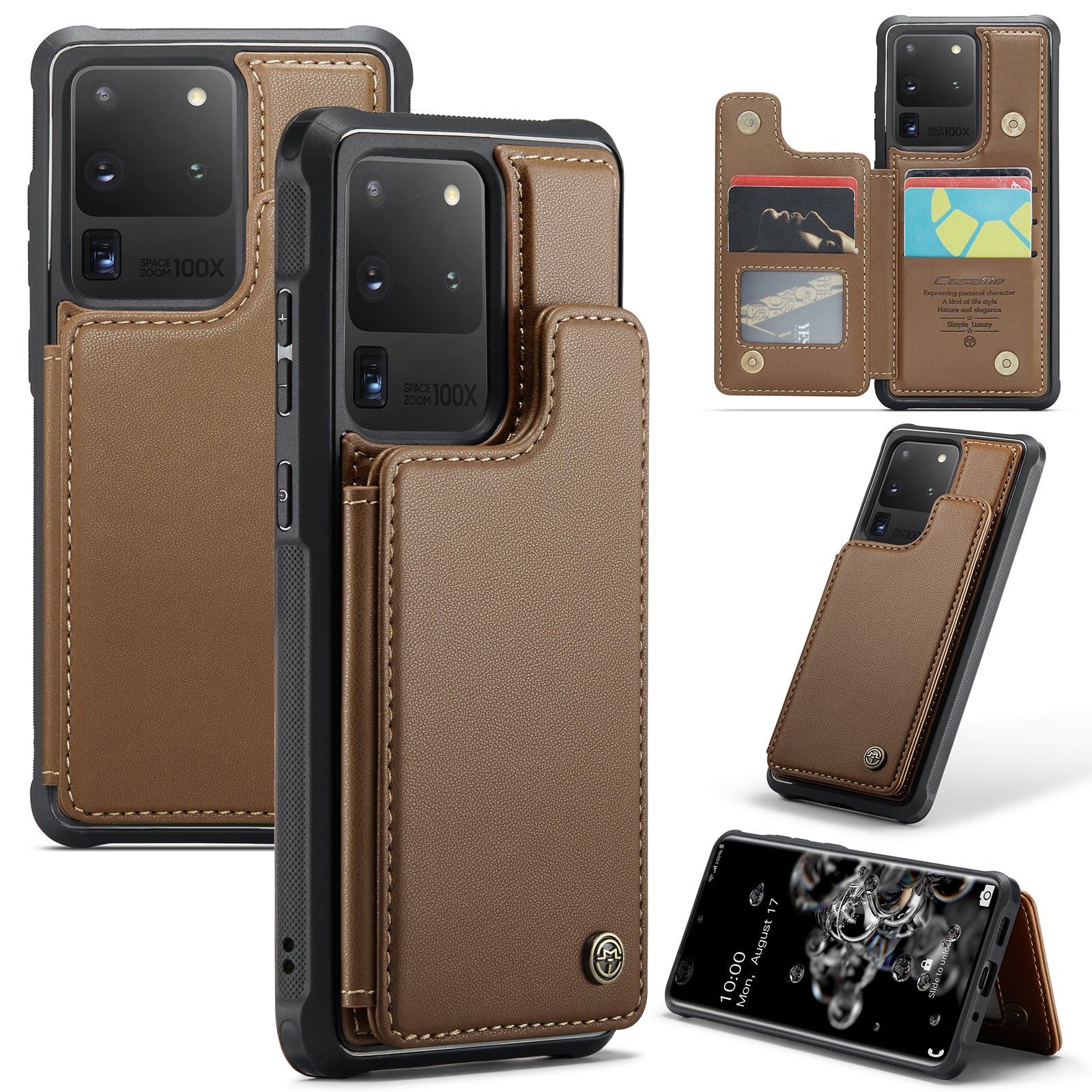 CASEME C22 Series For Samsung Galaxy S20 Ultra RFID Blocking Card Holder Case PU+TPU Kickstand Phone Cover - Brown