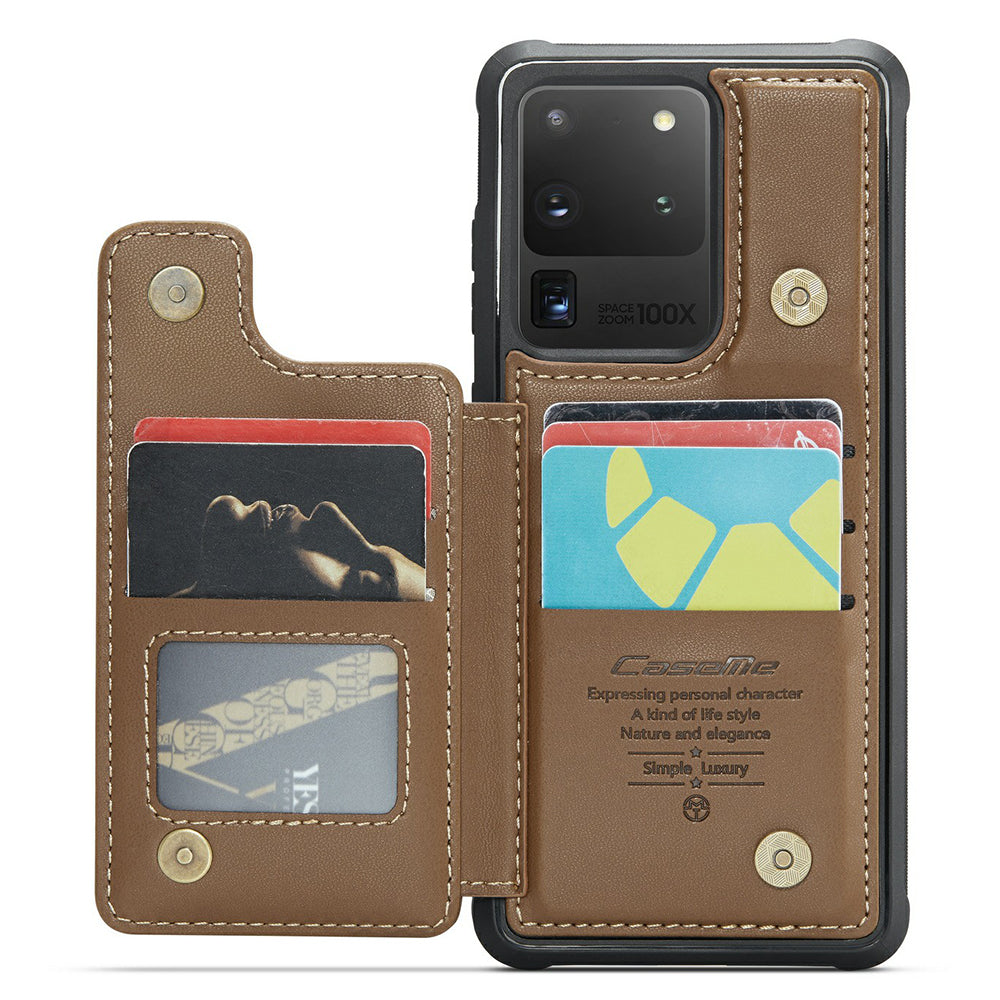 CASEME C22 Series For Samsung Galaxy S20 Ultra RFID Blocking Card Holder Case PU+TPU Kickstand Phone Cover - Brown