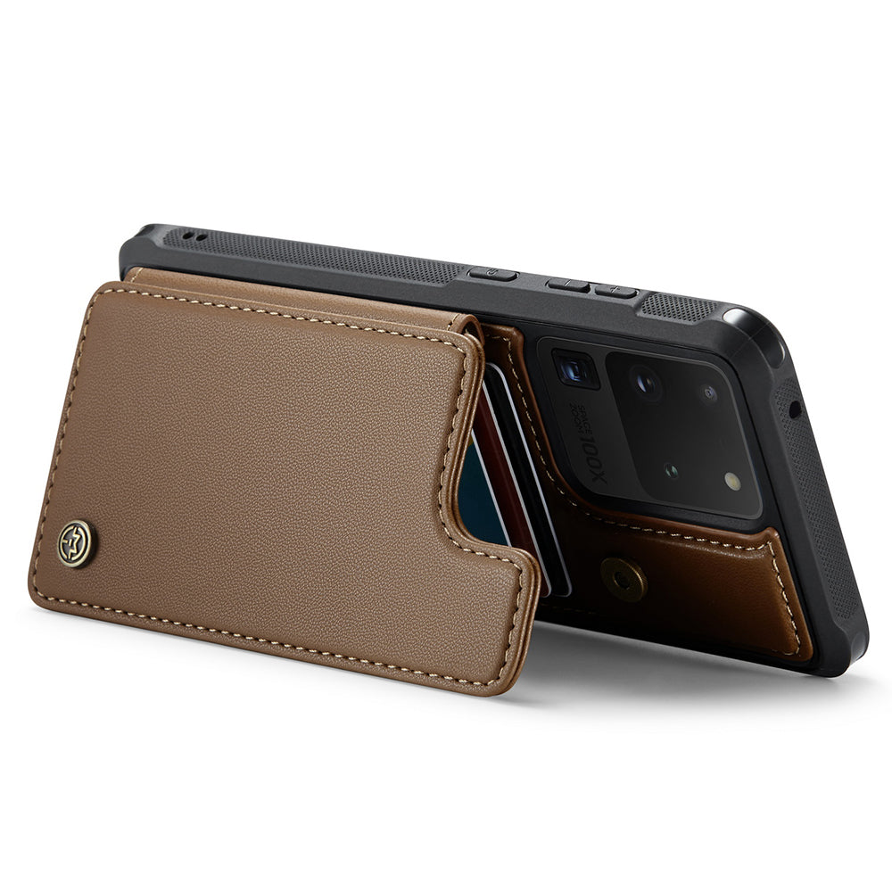 CASEME C22 Series For Samsung Galaxy S20 Ultra RFID Blocking Card Holder Case PU+TPU Kickstand Phone Cover - Brown