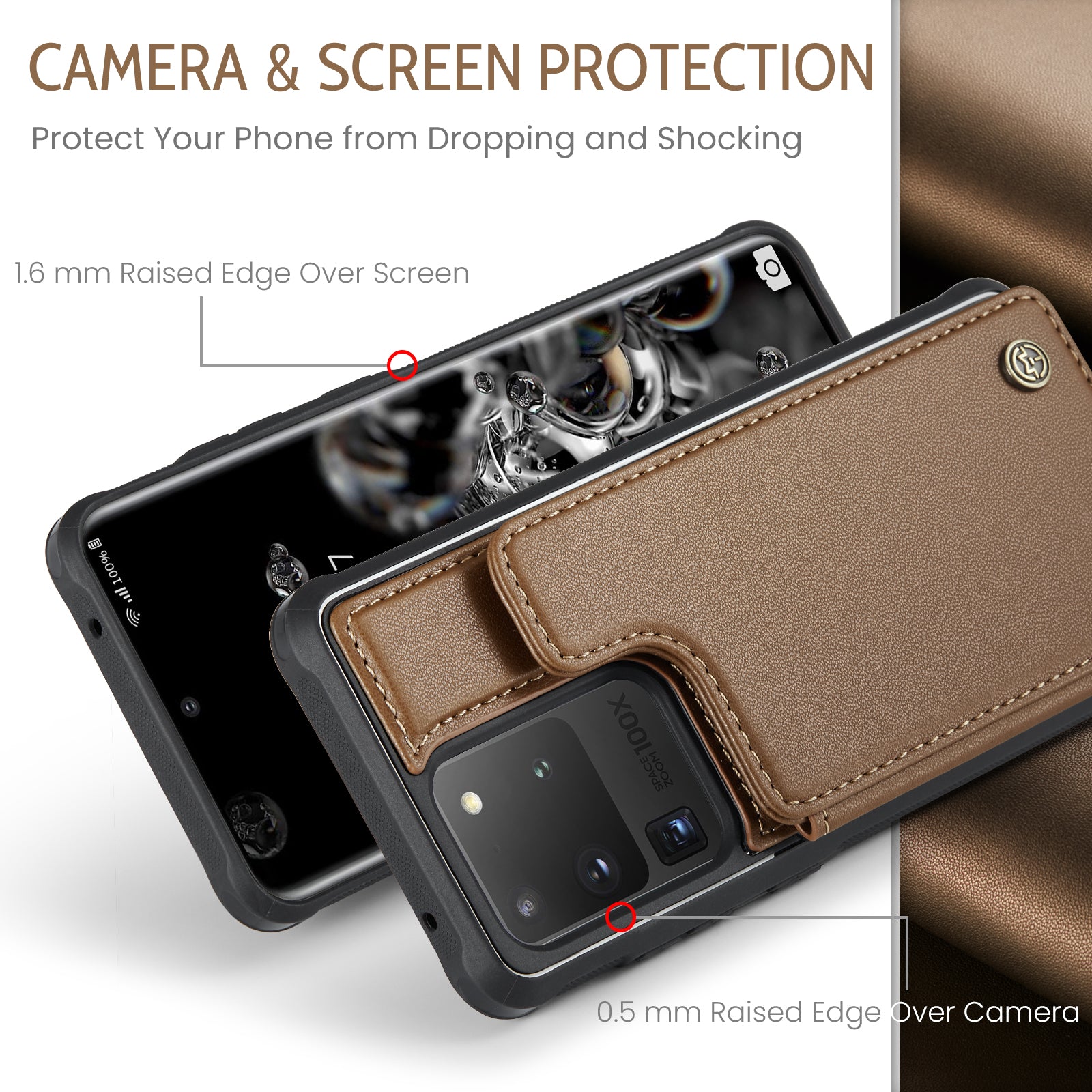 CASEME C22 Series For Samsung Galaxy S20 Ultra RFID Blocking Card Holder Case PU+TPU Kickstand Phone Cover - Brown