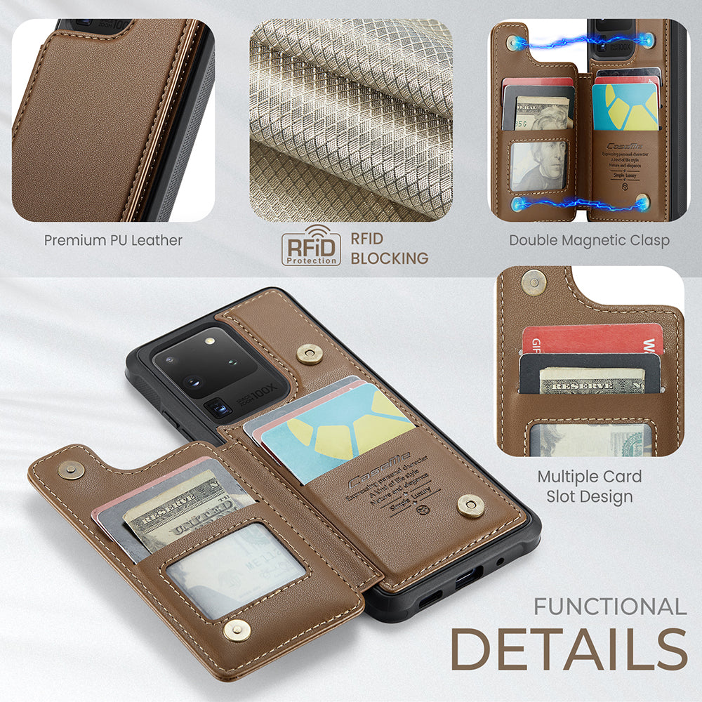 CASEME C22 Series For Samsung Galaxy S20 Ultra RFID Blocking Card Holder Case PU+TPU Kickstand Phone Cover - Brown