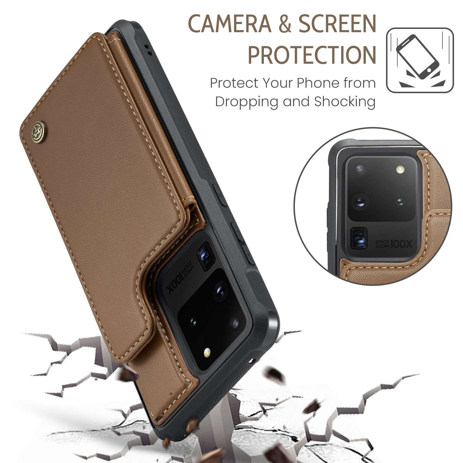 CASEME C22 Series For Samsung Galaxy S20 Ultra RFID Blocking Card Holder Case PU+TPU Kickstand Phone Cover - Brown