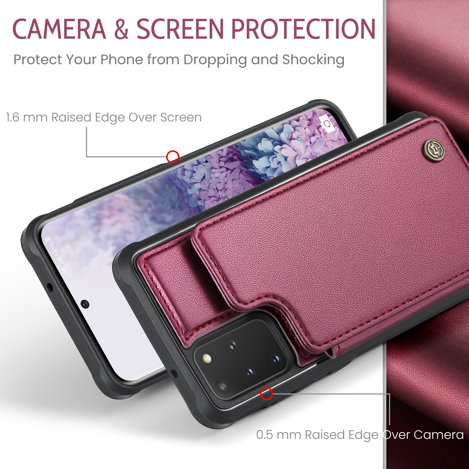 CASEME C22 Series For Samsung Galaxy S20 Plus 5G / S20 Plus 4G RFID Blocking Card Holder Case Leather+TPU Kickstand Phone Cover - Red