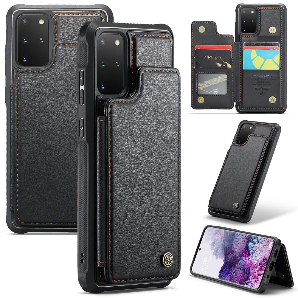 CASEME C22 Series For Samsung Galaxy S20 Plus 5G / S20 Plus 4G RFID Blocking Card Holder Case Leather+TPU Kickstand Phone Cover - Black