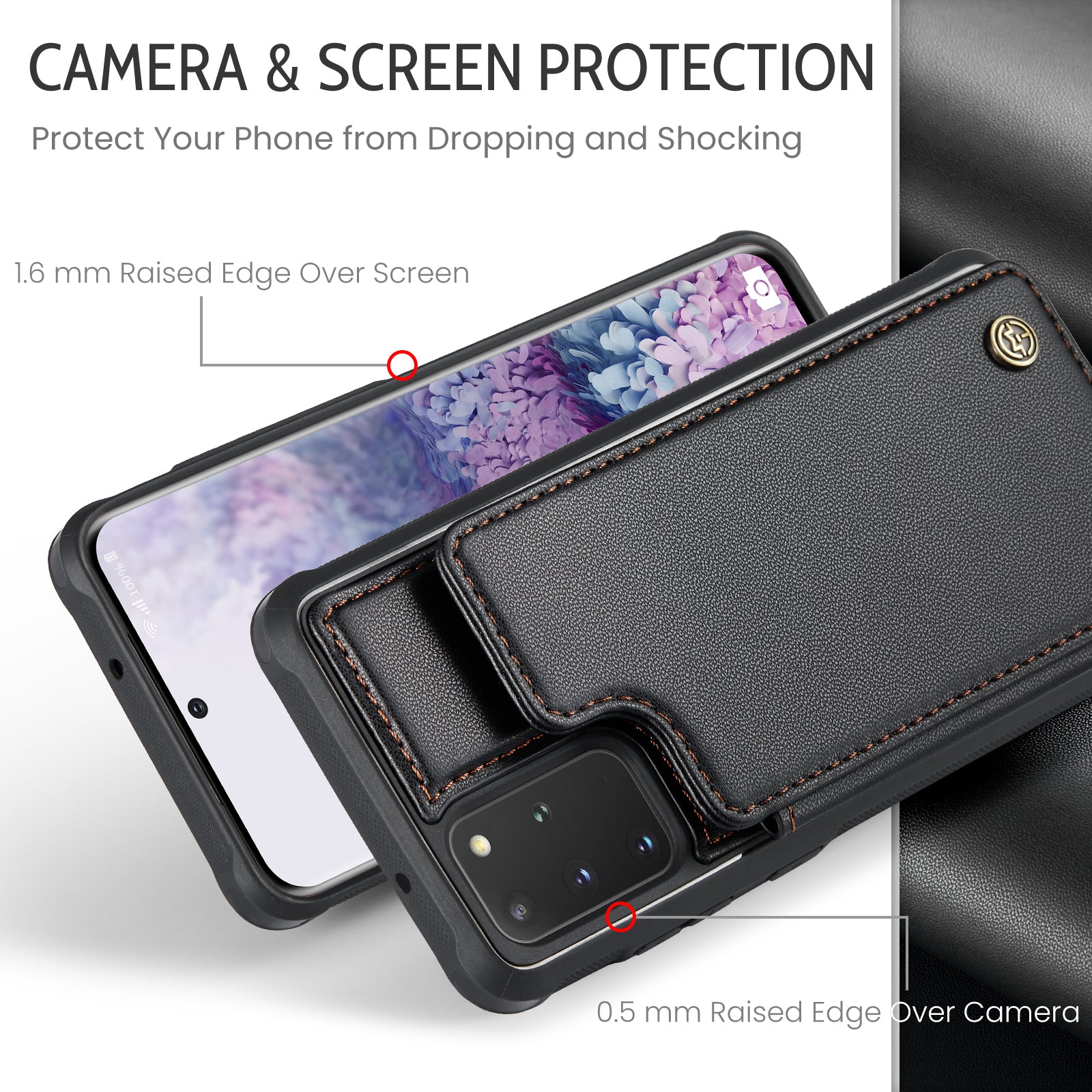 CASEME C22 Series For Samsung Galaxy S20 Plus 5G / S20 Plus 4G RFID Blocking Card Holder Case Leather+TPU Kickstand Phone Cover - Black