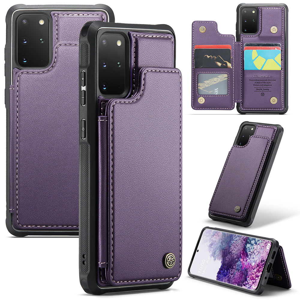 CASEME C22 Series For Samsung Galaxy S20 Plus 5G / S20 Plus 4G RFID Blocking Card Holder Case Leather+TPU Kickstand Phone Cover - Purple