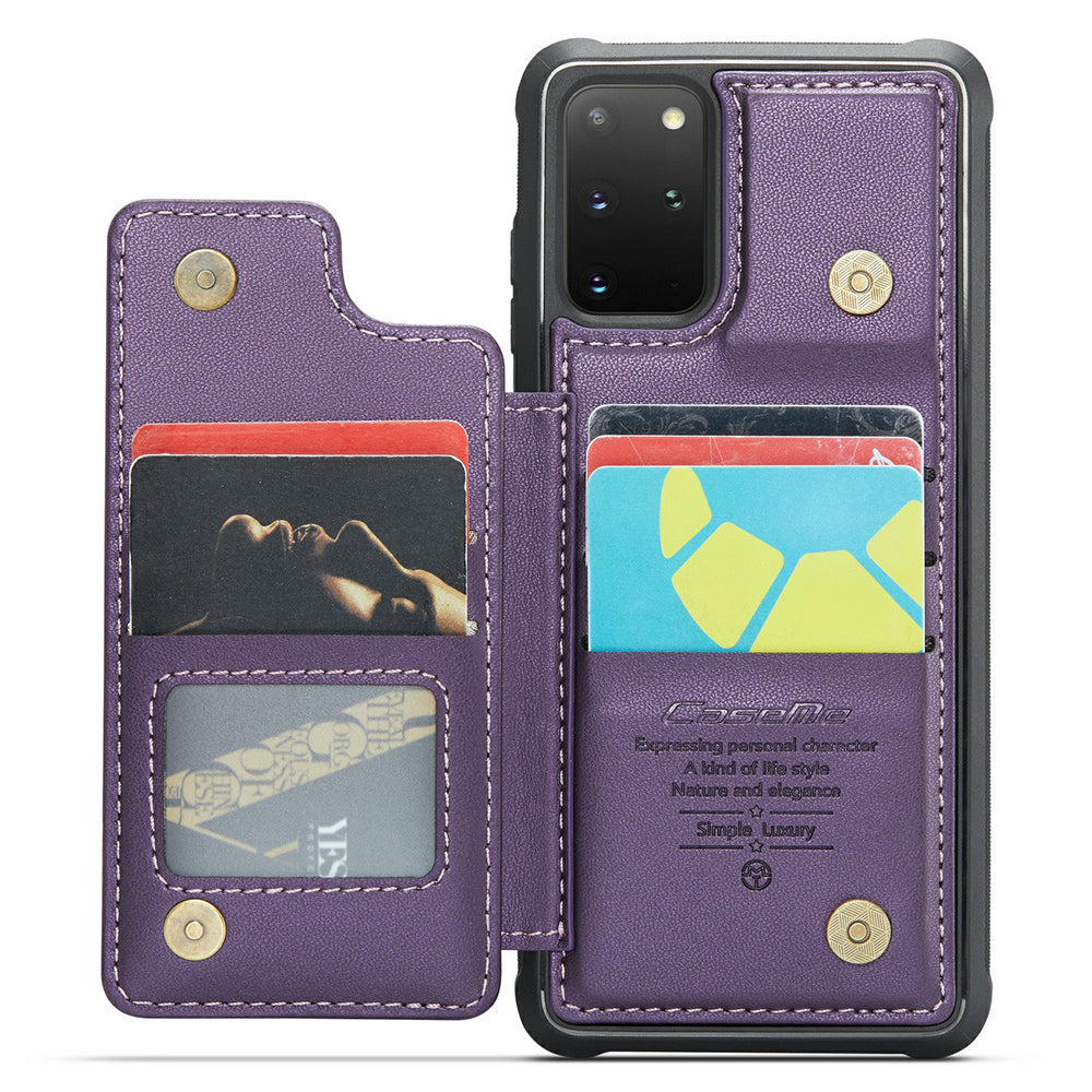 CASEME C22 Series For Samsung Galaxy S20 Plus 5G / S20 Plus 4G RFID Blocking Card Holder Case Leather+TPU Kickstand Phone Cover - Purple