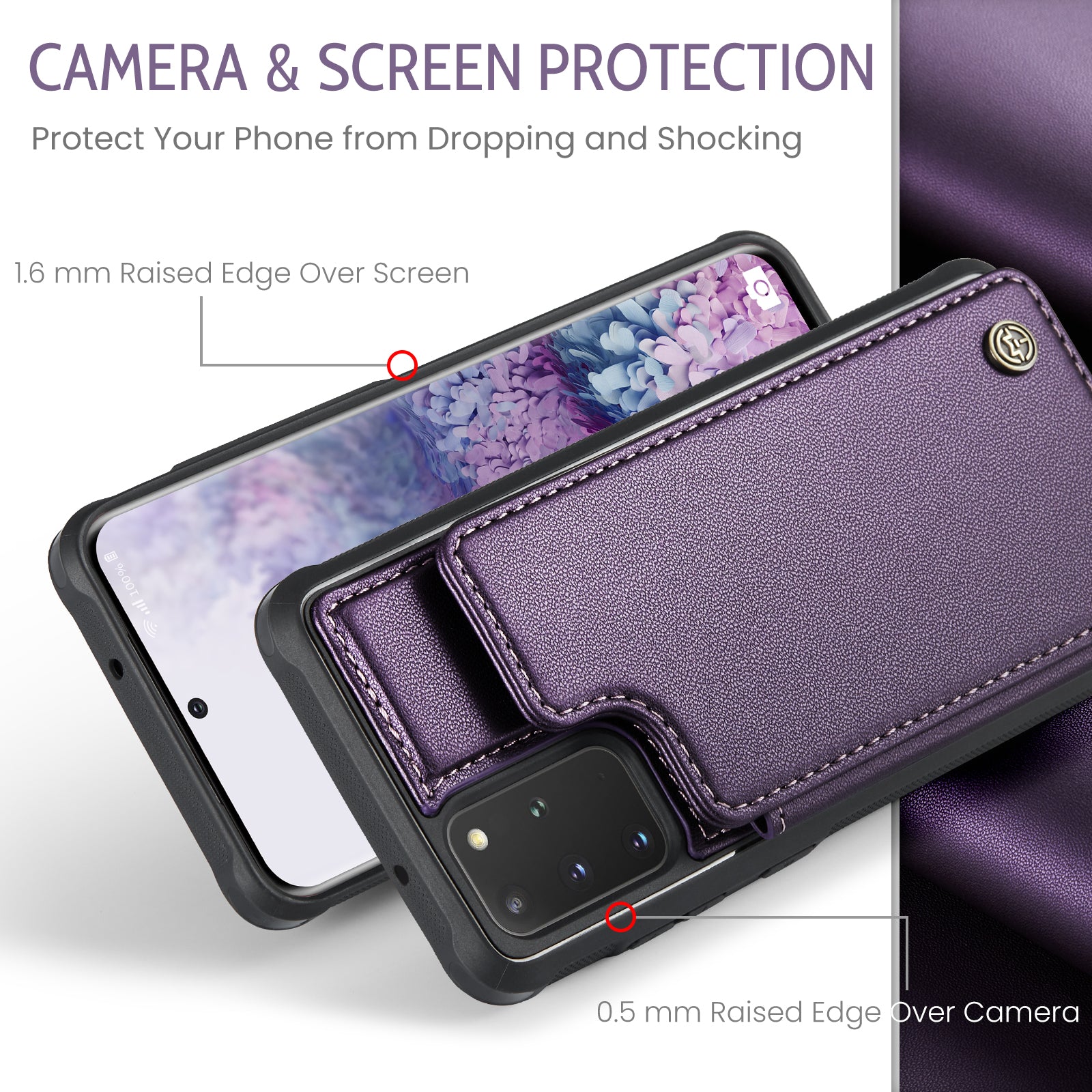 CASEME C22 Series For Samsung Galaxy S20 Plus 5G / S20 Plus 4G RFID Blocking Card Holder Case Leather+TPU Kickstand Phone Cover - Purple