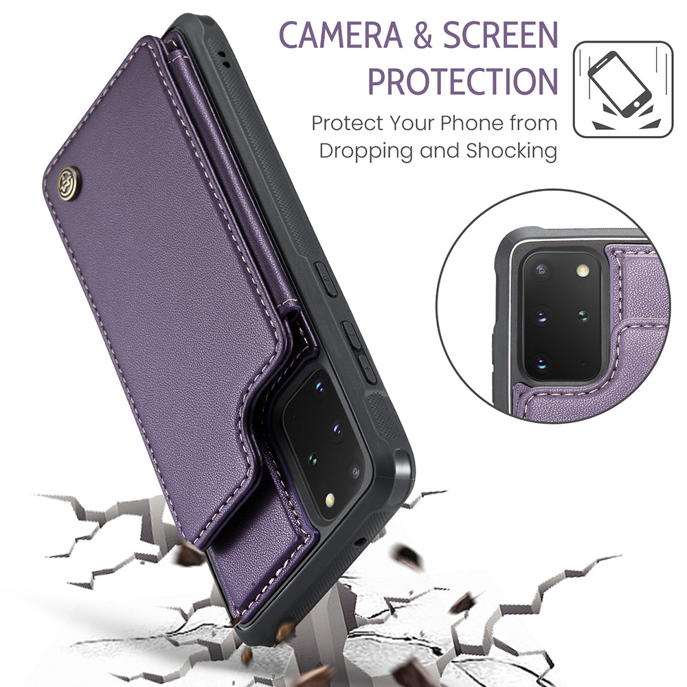 CASEME C22 Series For Samsung Galaxy S20 Plus 5G / S20 Plus 4G RFID Blocking Card Holder Case Leather+TPU Kickstand Phone Cover - Purple