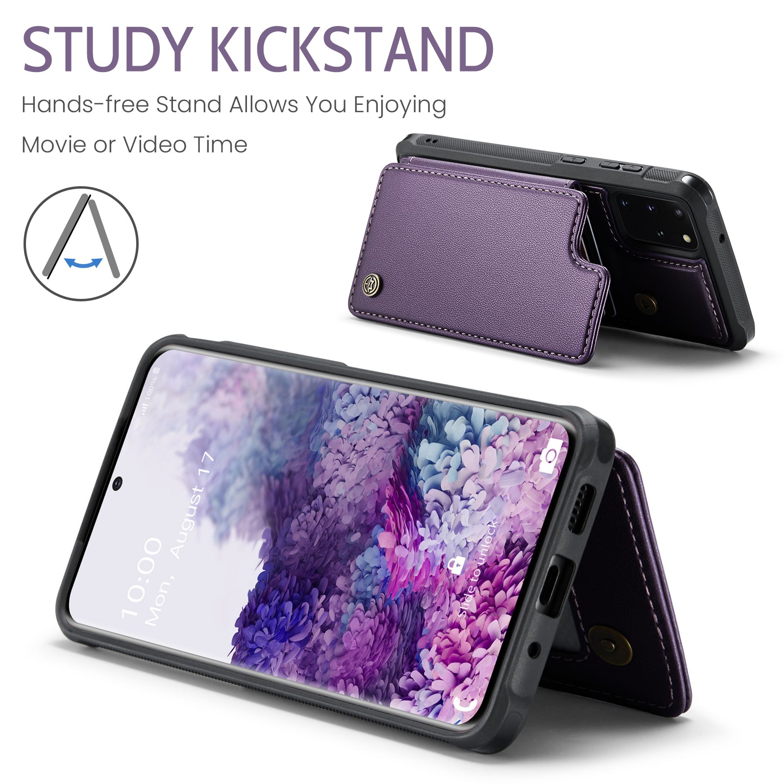 CASEME C22 Series For Samsung Galaxy S20 Plus 5G / S20 Plus 4G RFID Blocking Card Holder Case Leather+TPU Kickstand Phone Cover - Purple