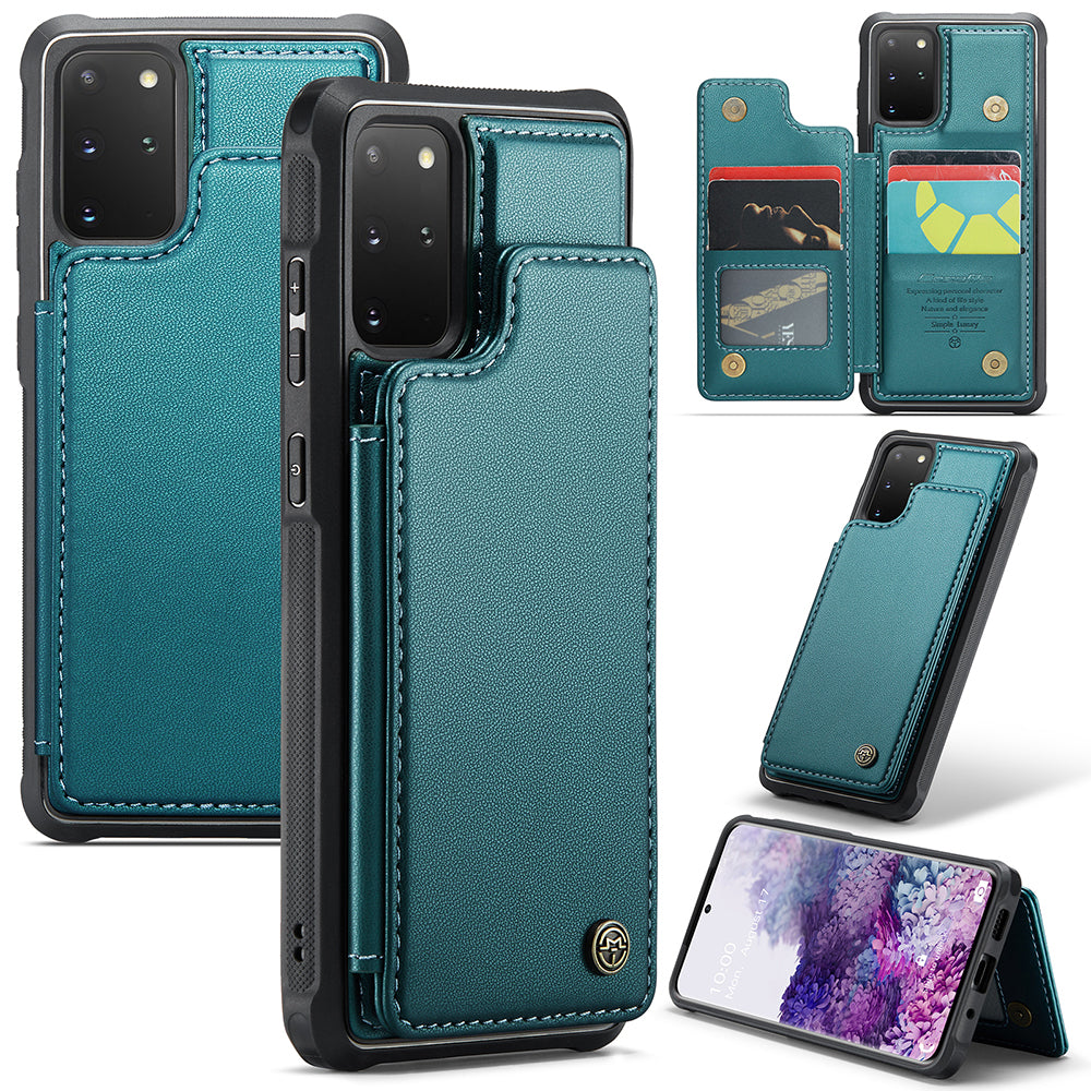 CASEME C22 Series For Samsung Galaxy S20 Plus 5G / S20 Plus 4G RFID Blocking Card Holder Case Leather+TPU Kickstand Phone Cover - Green