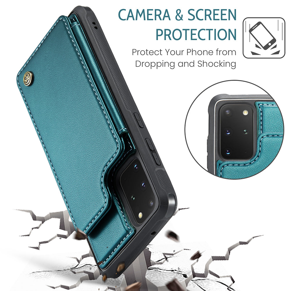 CASEME C22 Series For Samsung Galaxy S20 Plus 5G / S20 Plus 4G RFID Blocking Card Holder Case Leather+TPU Kickstand Phone Cover - Green