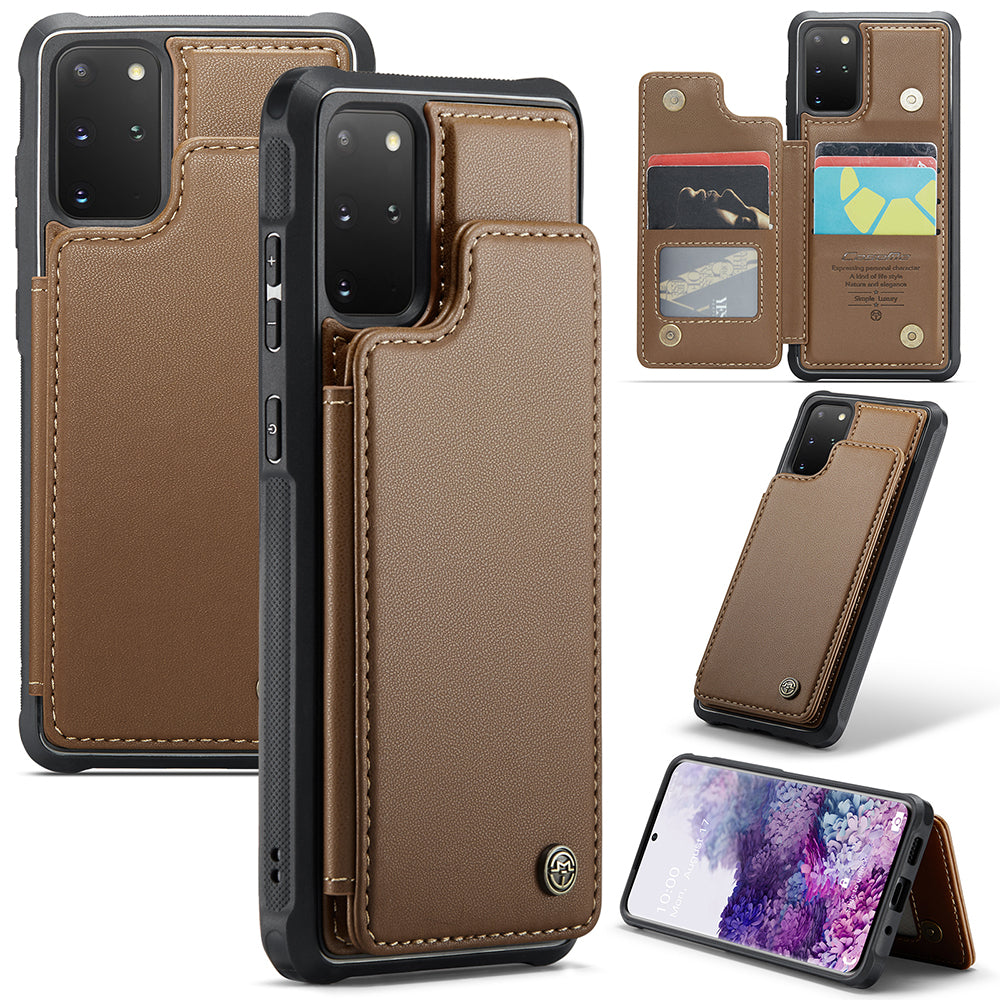 CASEME C22 Series For Samsung Galaxy S20 Plus 5G / S20 Plus 4G RFID Blocking Card Holder Case Leather+TPU Kickstand Phone Cover - Brown