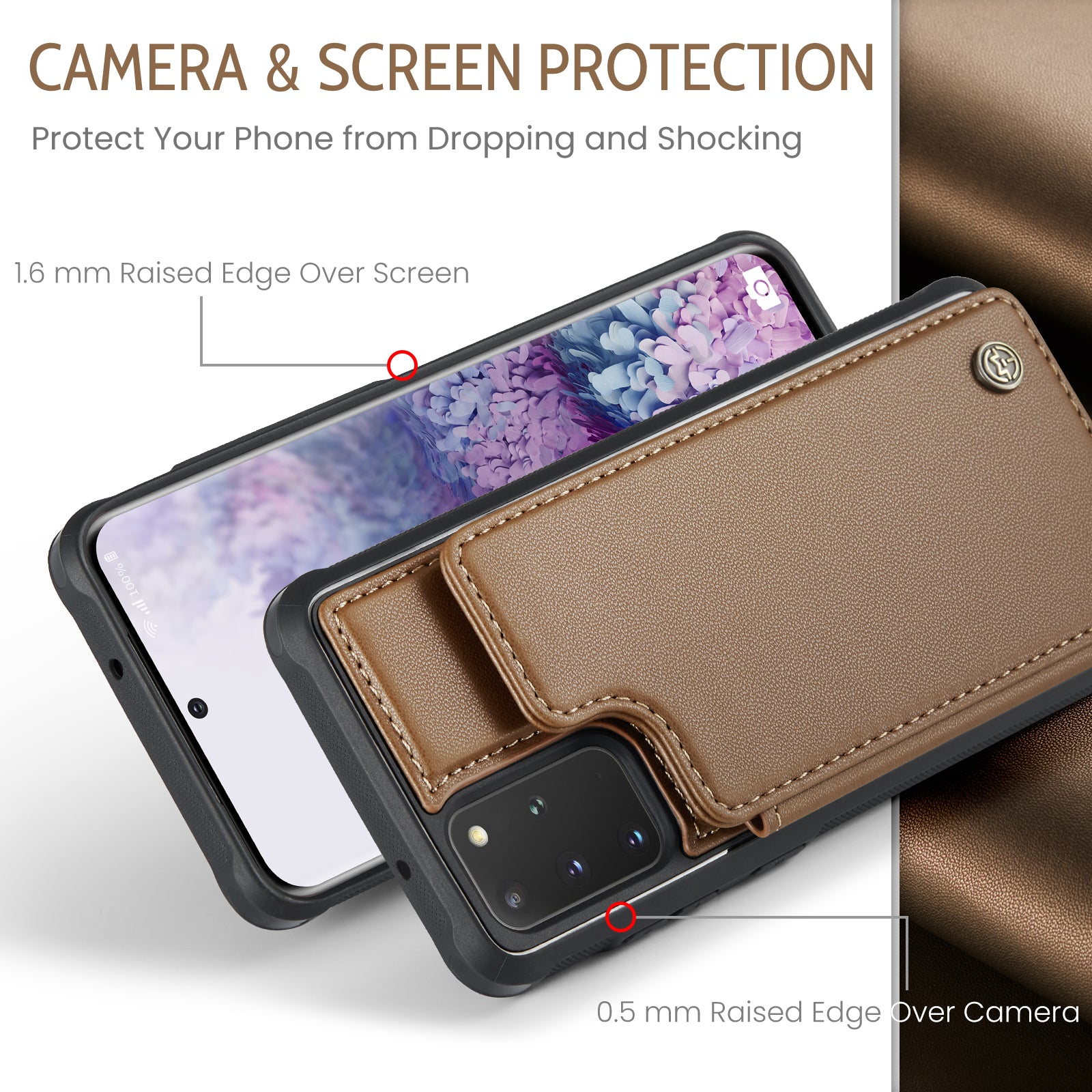 CASEME C22 Series For Samsung Galaxy S20 Plus 5G / S20 Plus 4G RFID Blocking Card Holder Case Leather+TPU Kickstand Phone Cover - Brown