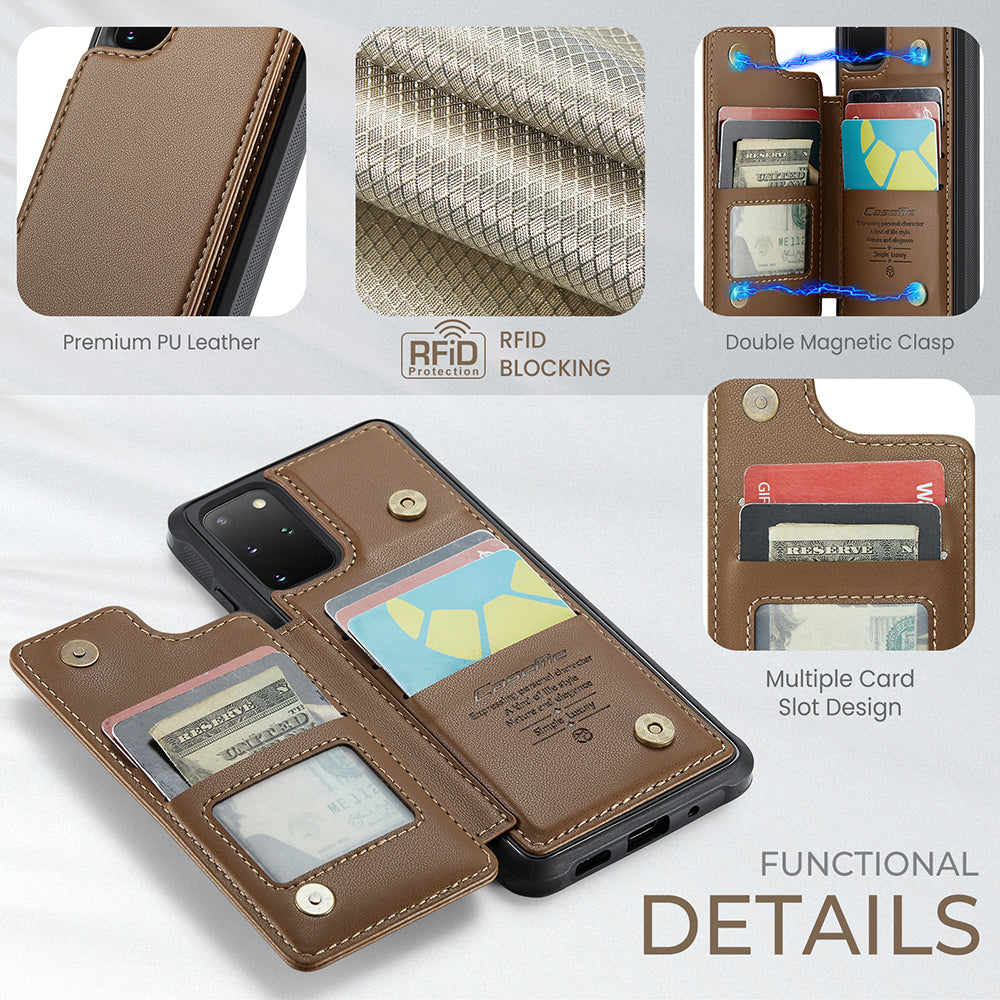 CASEME C22 Series For Samsung Galaxy S20 Plus 5G / S20 Plus 4G RFID Blocking Card Holder Case Leather+TPU Kickstand Phone Cover - Brown