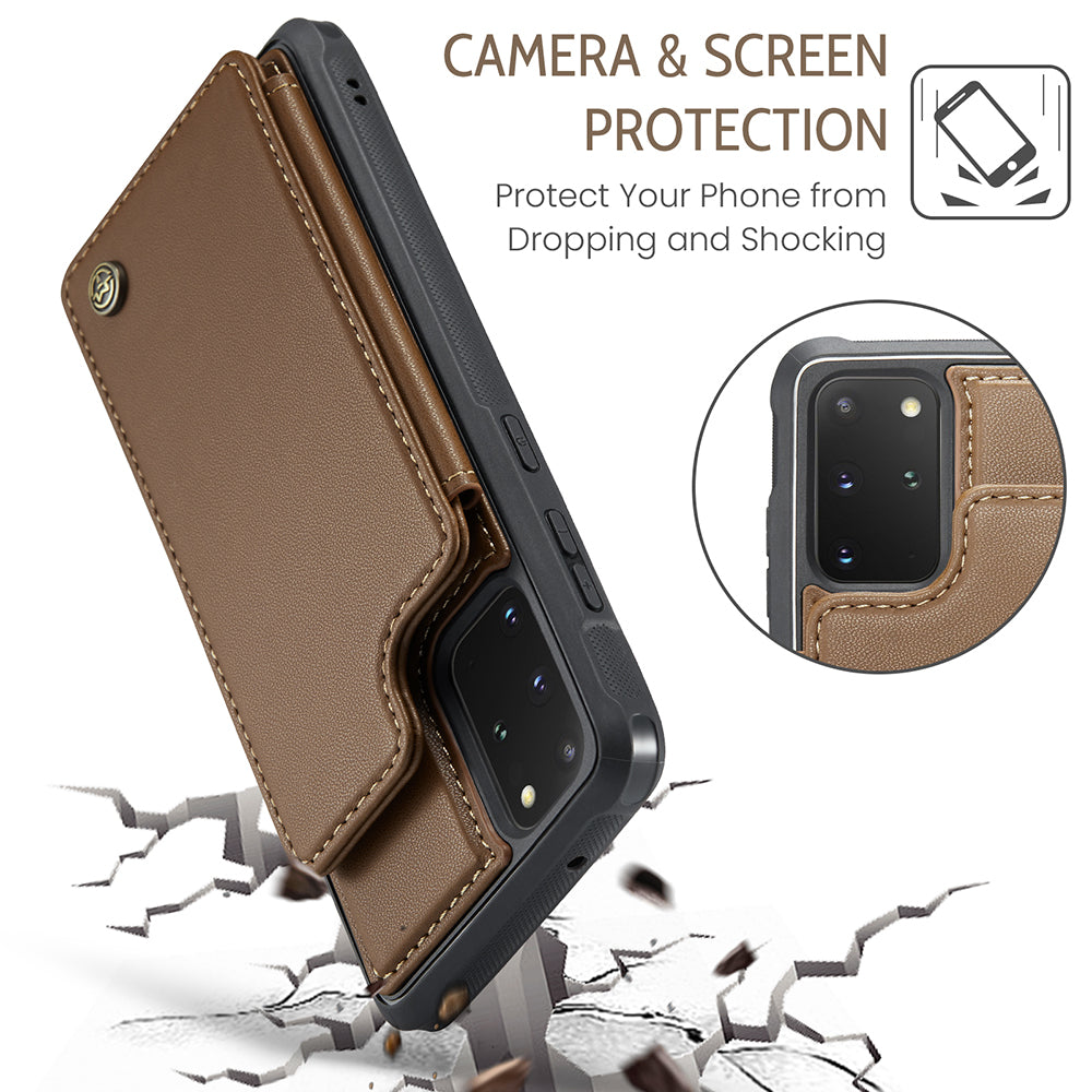 CASEME C22 Series For Samsung Galaxy S20 Plus 5G / S20 Plus 4G RFID Blocking Card Holder Case Leather+TPU Kickstand Phone Cover - Brown