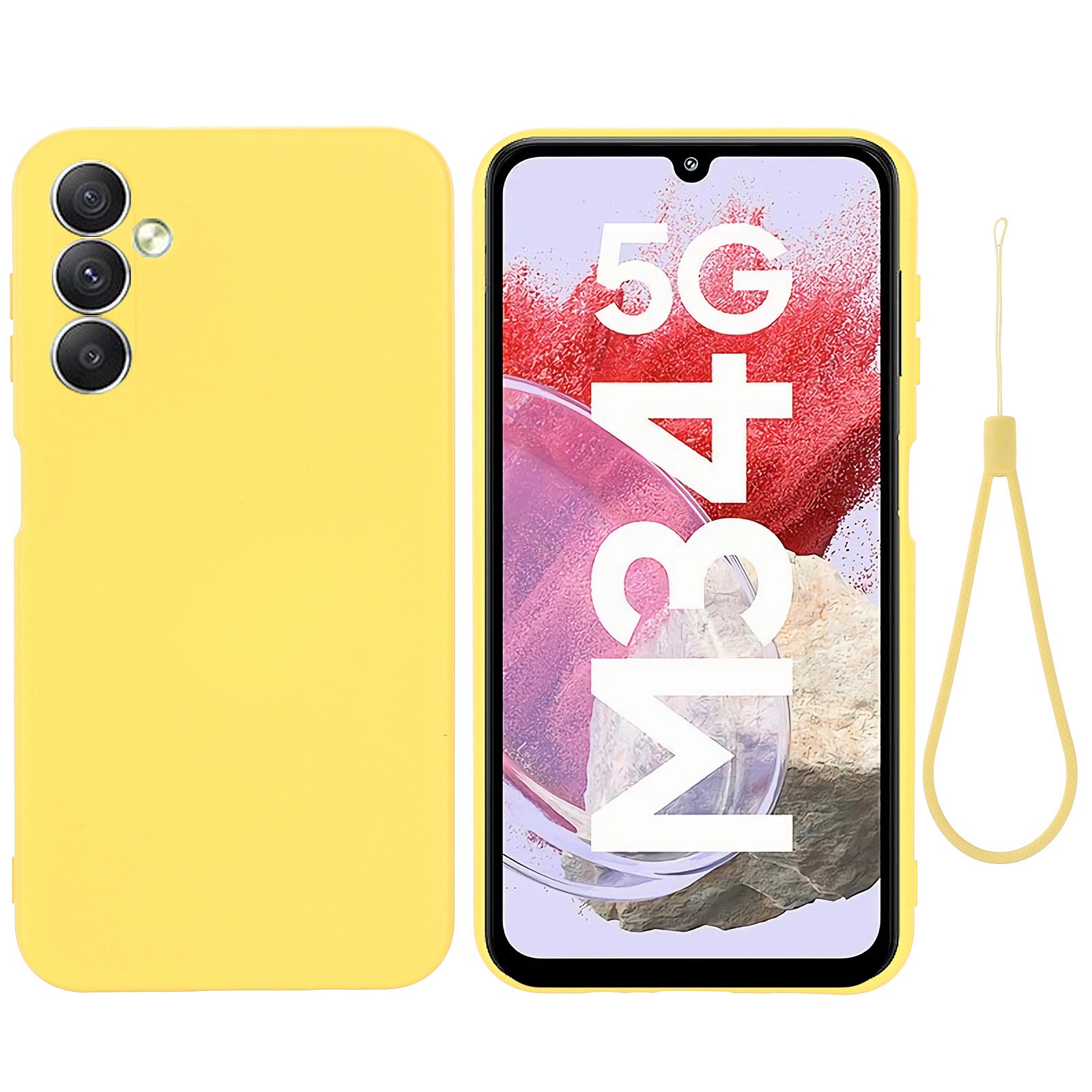 For Samsung Galaxy F34 5G / M34 5G Liquid Silicone Phone Case Soft Lining Shockproof Cover with Strap - Yellow