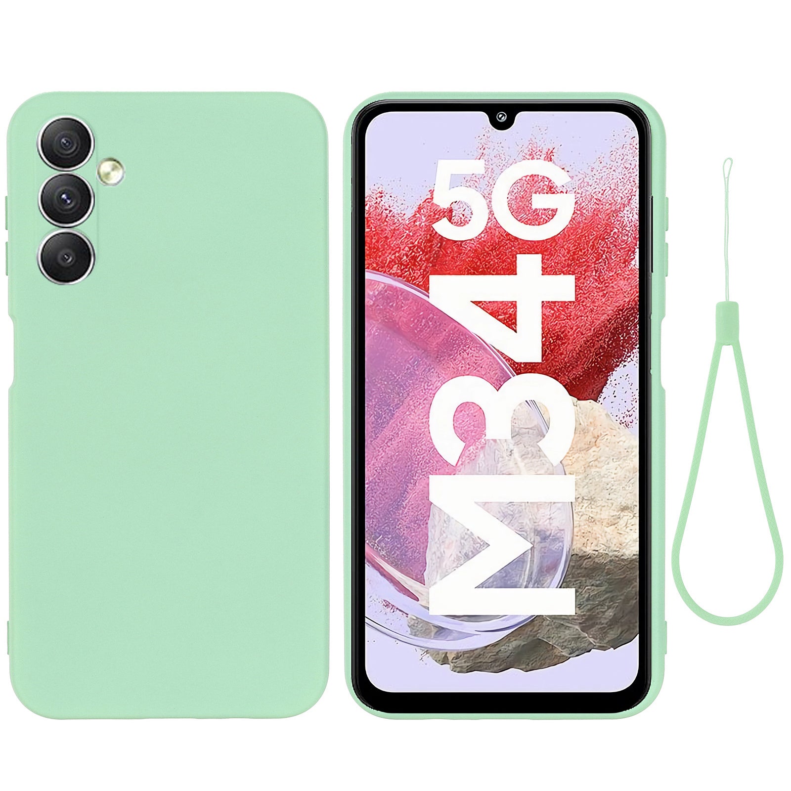 For Samsung Galaxy F34 5G / M34 5G Liquid Silicone Phone Case Soft Lining Shockproof Cover with Strap - Green