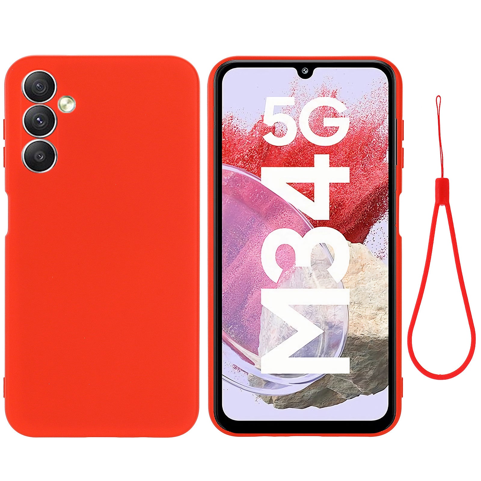 For Samsung Galaxy F34 5G / M34 5G Liquid Silicone Phone Case Soft Lining Shockproof Cover with Strap - Red