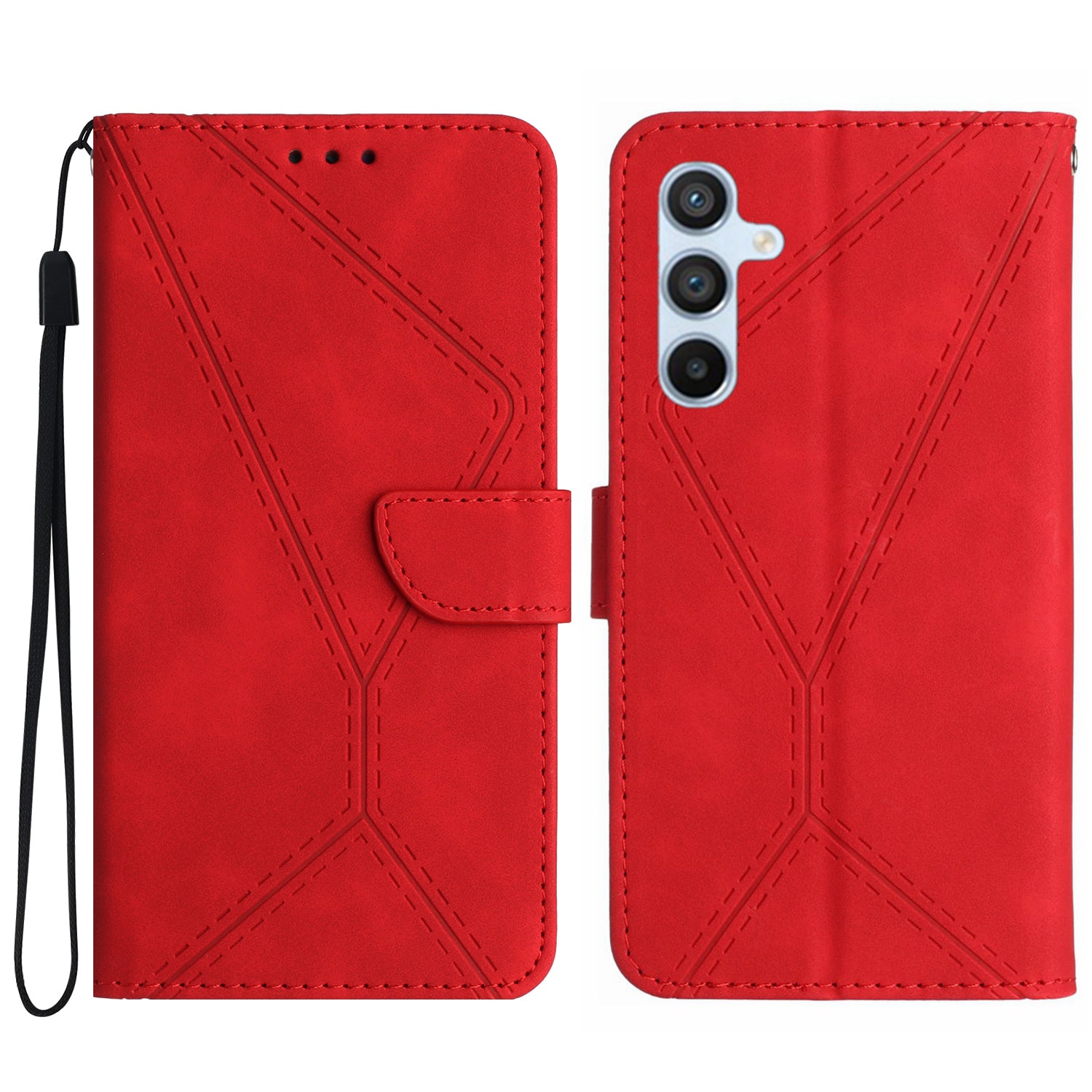 HT05 For Samsung Galaxy F34 5G / M34 5G PU Leather Phone Case Imprinted Line Wallet Stand Cover - Red